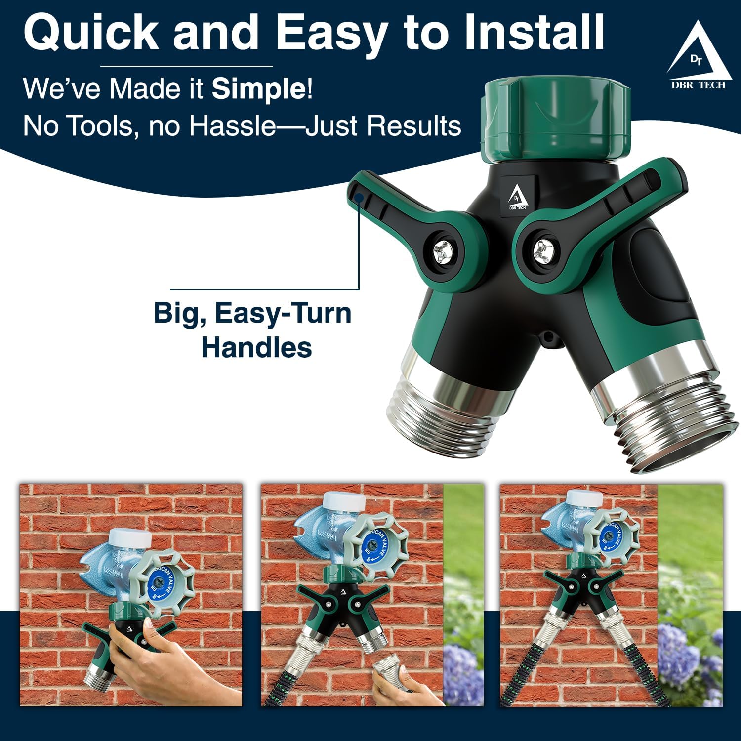 DBR Tech® Hose Splitter 2 Way, Heavy Duty Metal Connector, Two Way Garden Hose Splitter, High Flow Spigot Faucet Bib Adapter