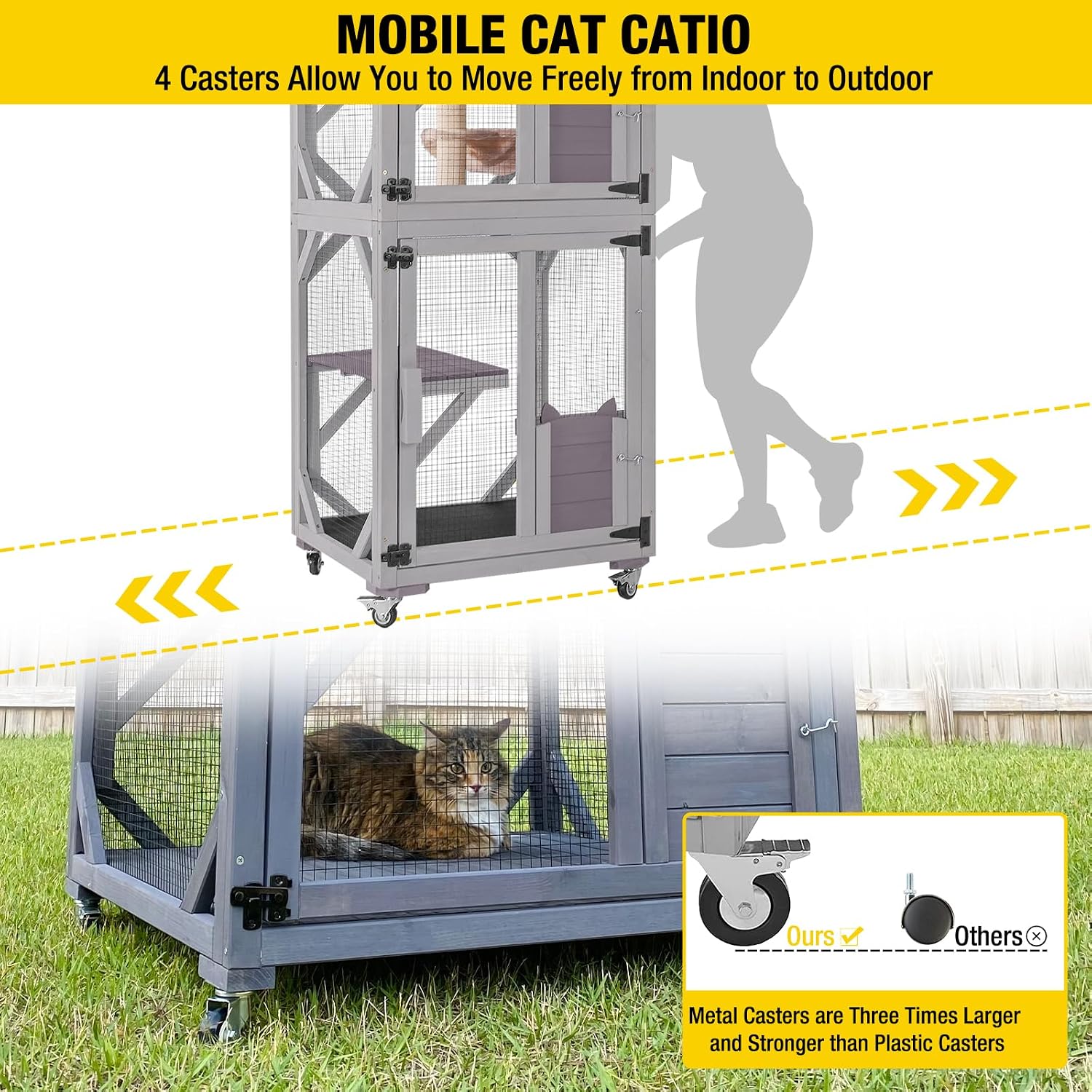 Aivituvin Cat House Outdoor Cat Catio Wooden Large Enclosure with Run on Wheels 70.9" Upgraded Version Catio with Reinforcement Strip