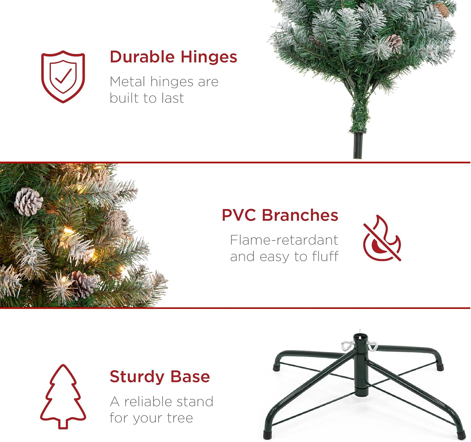 Best Choice Products 7.5ft Pre-Lit Pre-Decorated Pine Artificial Christmas Tree w/Twinkling LEDs, 1, 346 Flocked Frosted Tips, 80 Pinecones