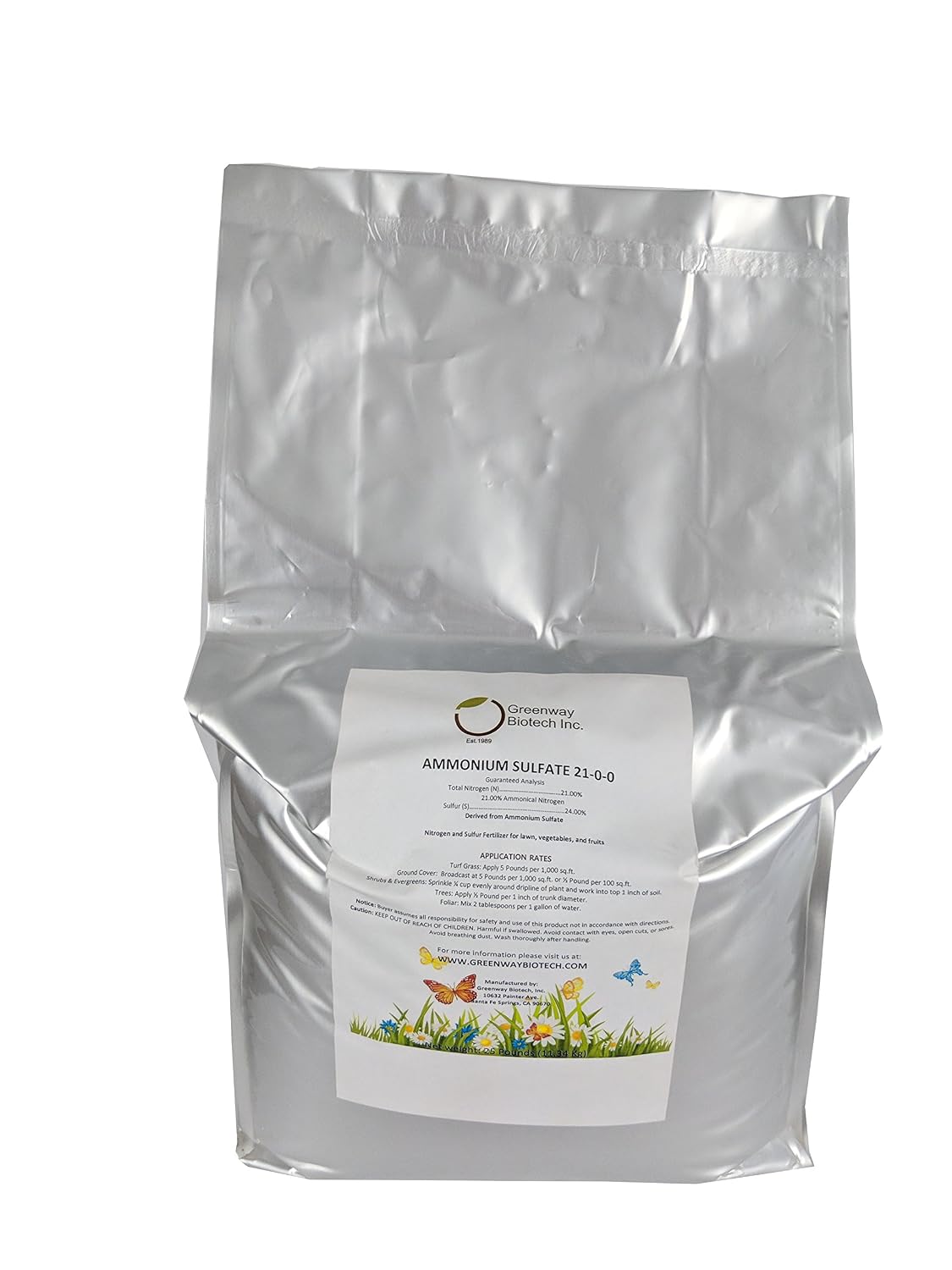 Greenway Biotech, Inc. Ammonium Sulfate 21-0-0 Fertilizer Contains 21% Water Soluble Nitrogen&24% Sulfur Suitable for Acid Loving Plant- Lawn Fertilizers to Lower pH Level in Alkaline Soil (25 Pound)