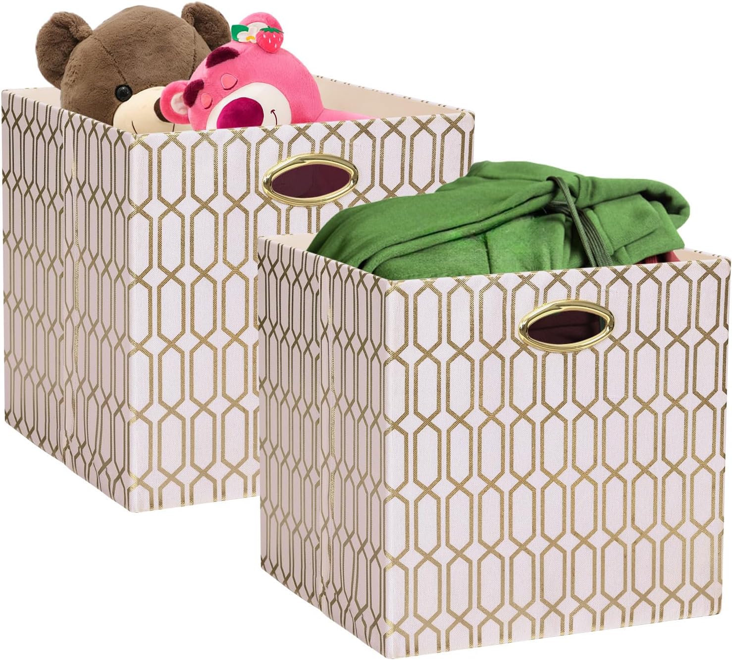 Posprica Storage Bins, Storage Cubes,13×13 Fabric Drawers Organizer Basket Boxes Containers (13×13×13/4pcs, Cream/gold geometry Pattern)
