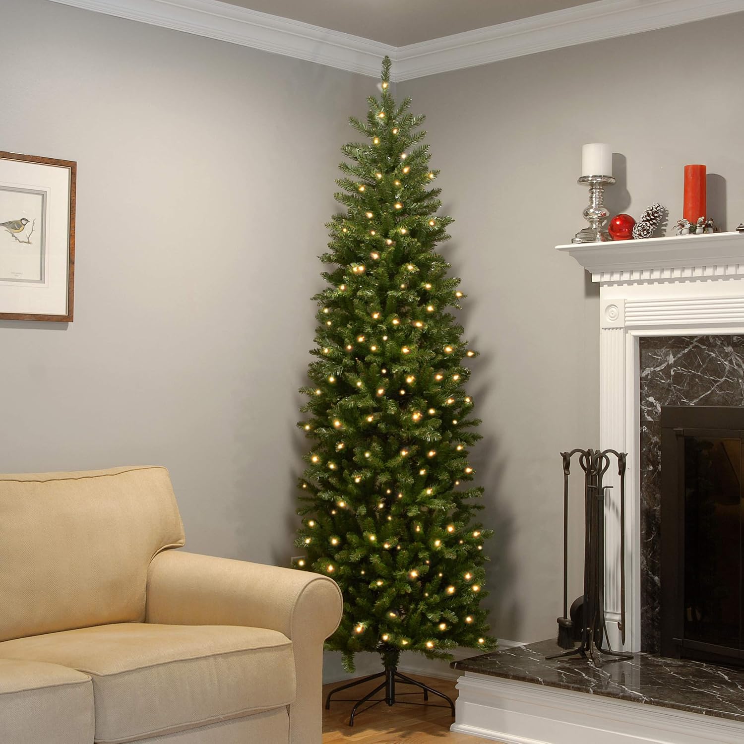 National Tree Company 7 ft Pre-Lit Kingswood Fir Slim Artificial Christmas Tree, 300 Warm White LED Lights, 892 Tips, Includes Stand