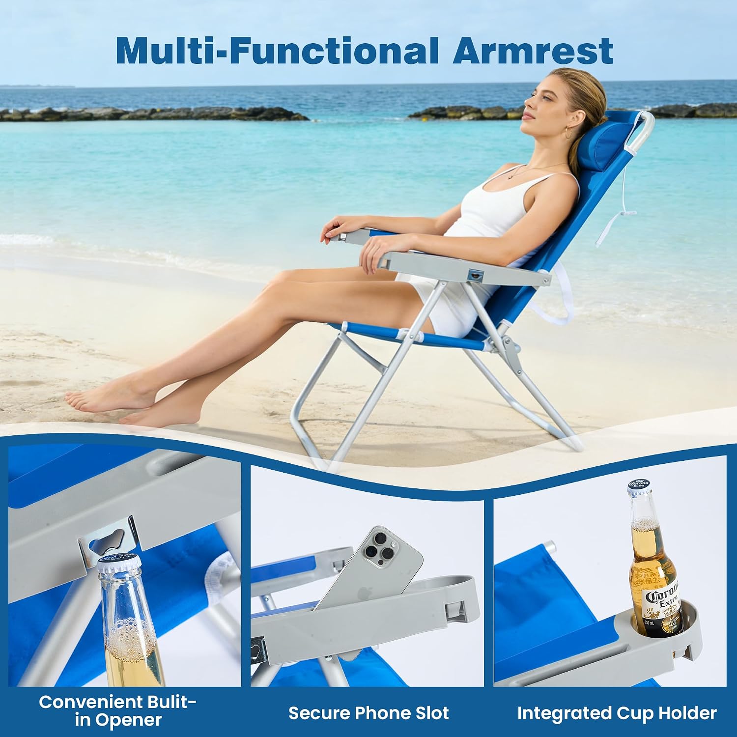 SUNNYFEEL Oversized Tall Folding Beach Chair Lightweight, 17" Portable Sand Chair for Adults Heavy Duty 500 LBS with Cup Holders