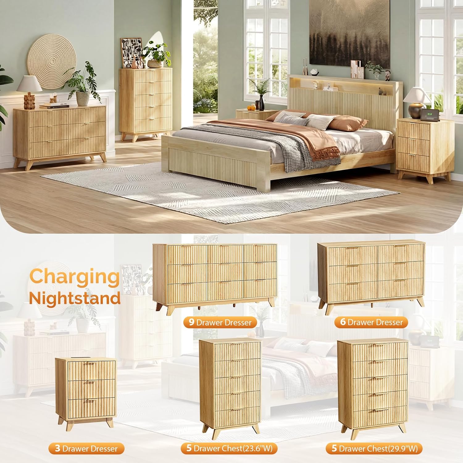 VINGLI Fluted Tall Dresser 5 Drawer, 23.66" W Chest of Drawers Gray Wood Dresser with Rounded Edges, Grey Dressers for Bedroom