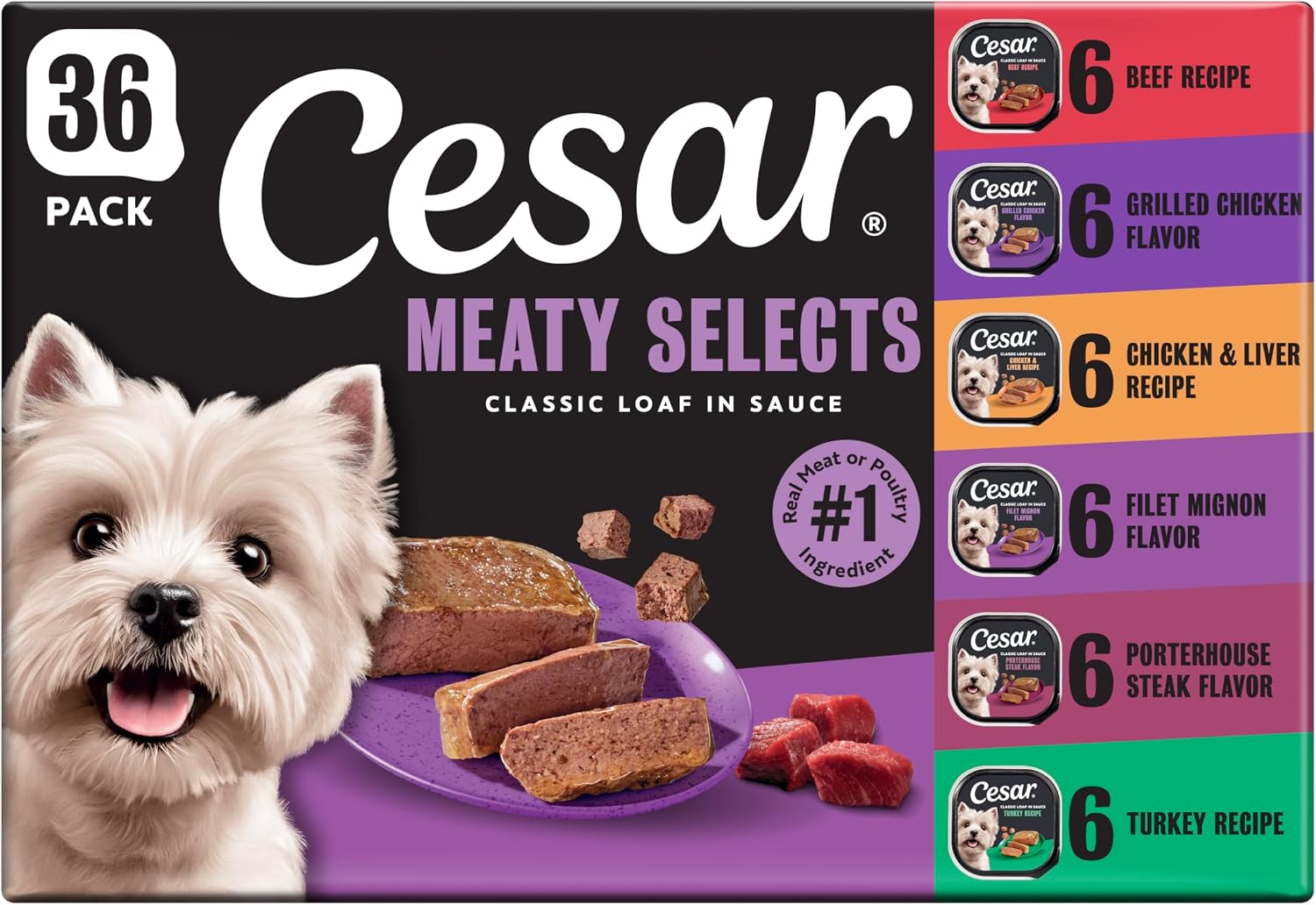 Cesar Classic Loaf Wet Dog Food, Meaty Selects, 3.5 oz, 12 Count, 2-Pack | Made in USA, Filet Mignon & Porterhouse Steak flavors, real beef #1 ingredient, no artificial flavors, easy peel trays
