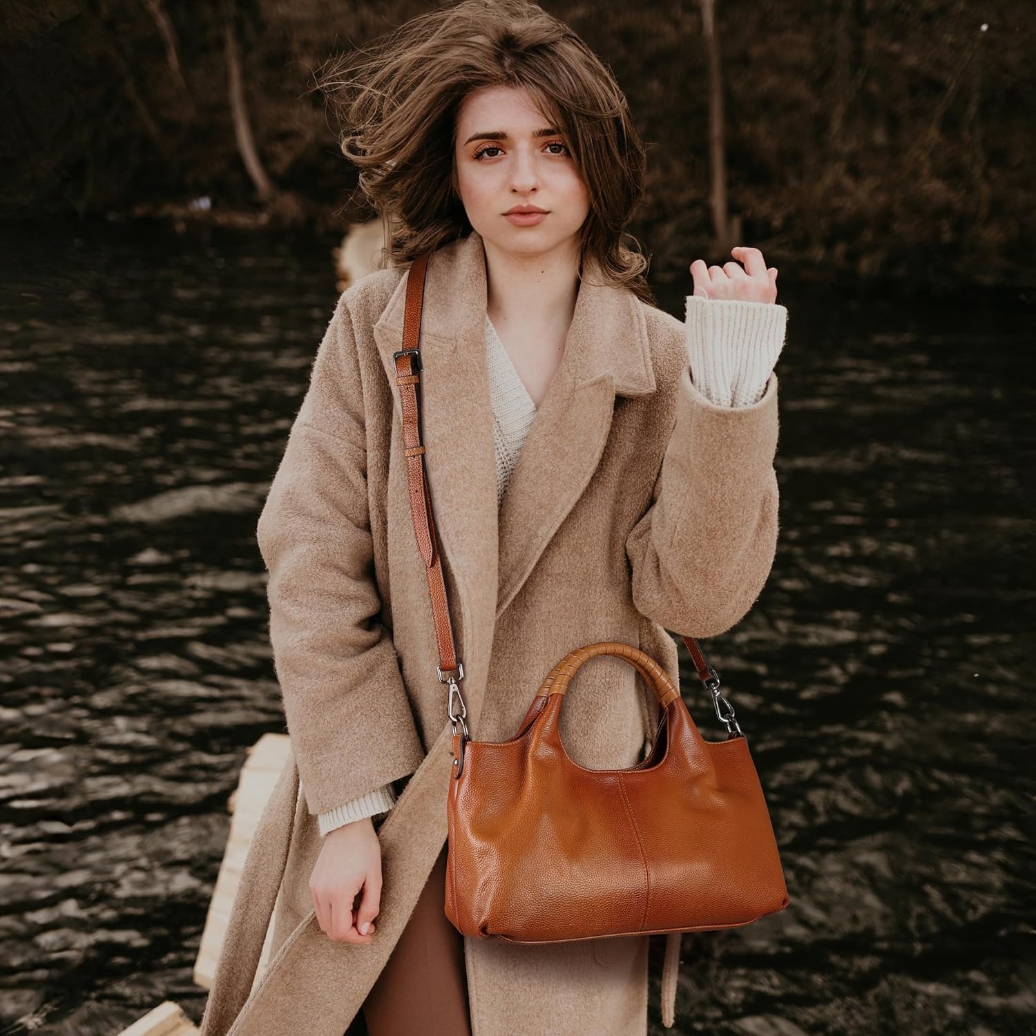Iswee Leather Satchel Women Purse and Handbag Crossbody Shoulder Bag Hobo | Genuine Cowhide Leather Tote Top Handle Bag Soft & Durable Medium Size Bags with Detachable Multiple Pocketbooks Trendy