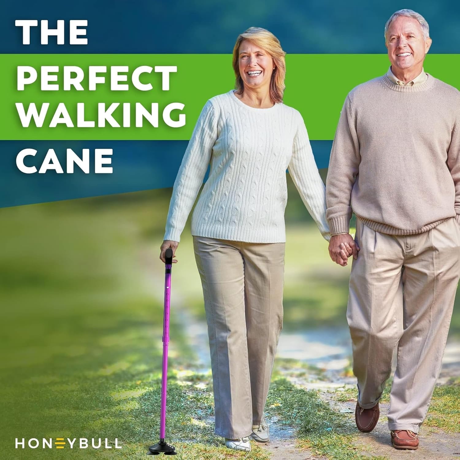 HONEYBULL Walking Cane for Men & Women, Foldable Free Standing Cane | Adjustable height, collapsible design, heavy-duty, pivot base for stable support, ergonomic handle