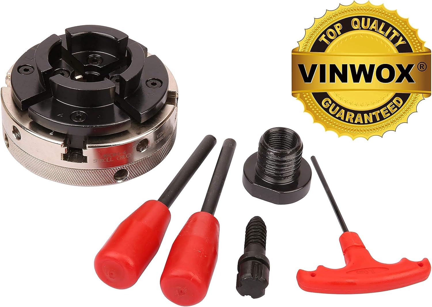 4INCH 4-Jaw Self-Centering Wood Lathe Chuck, 2" Round Jaw Mounted, 1"x8TPI thread & 3/4"x16TPI Adapter, T Allen Wrench, Screw Chuck, SCR4-4