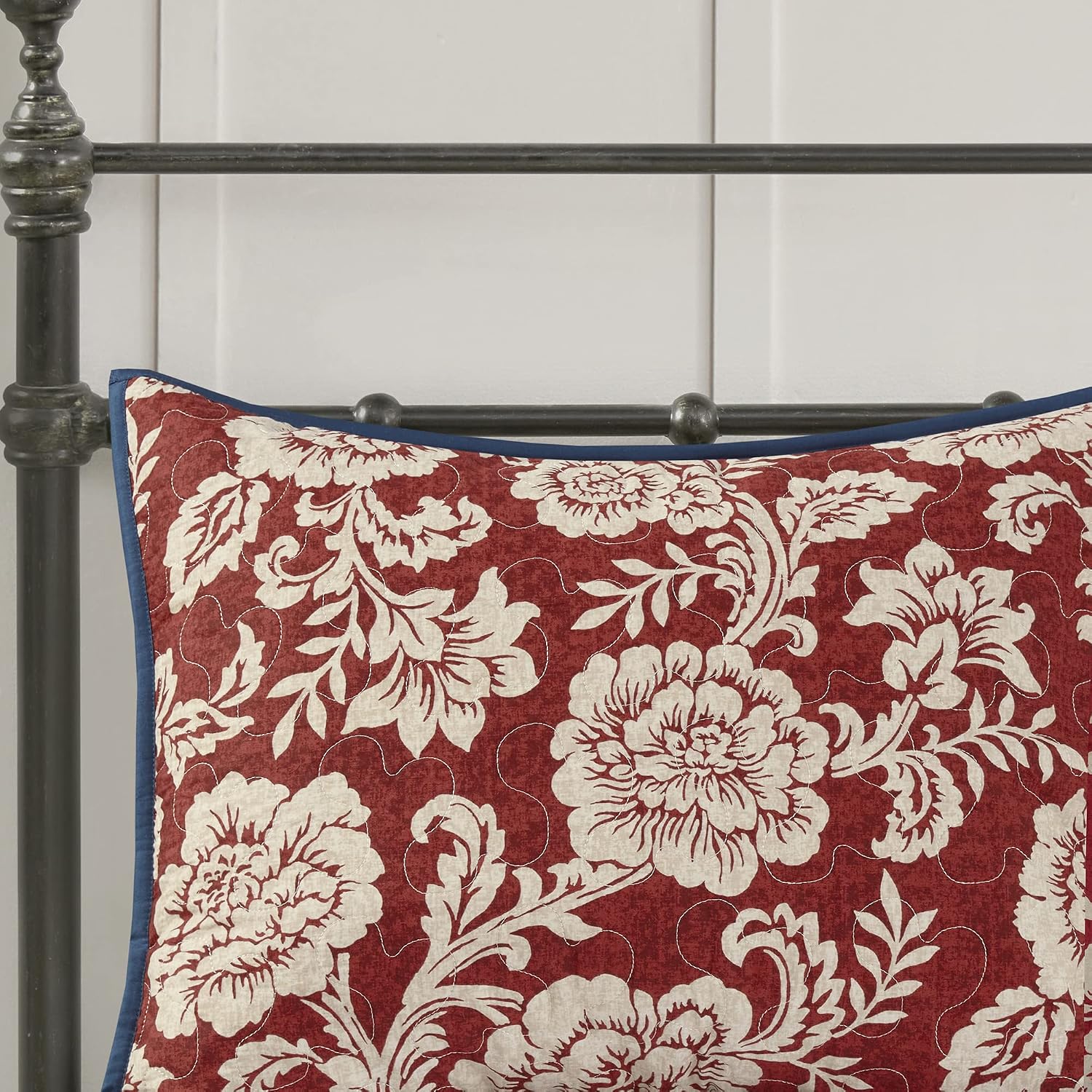 Madison Park Cotton Casual Floral Quilt Set, 6PC Full/Queen Coverlet | Channel Stitching Design, All Season, Lightweight Coverlet Bedspread Bedding, Shams, Decorative Pillows, Taupe Grey/Purple