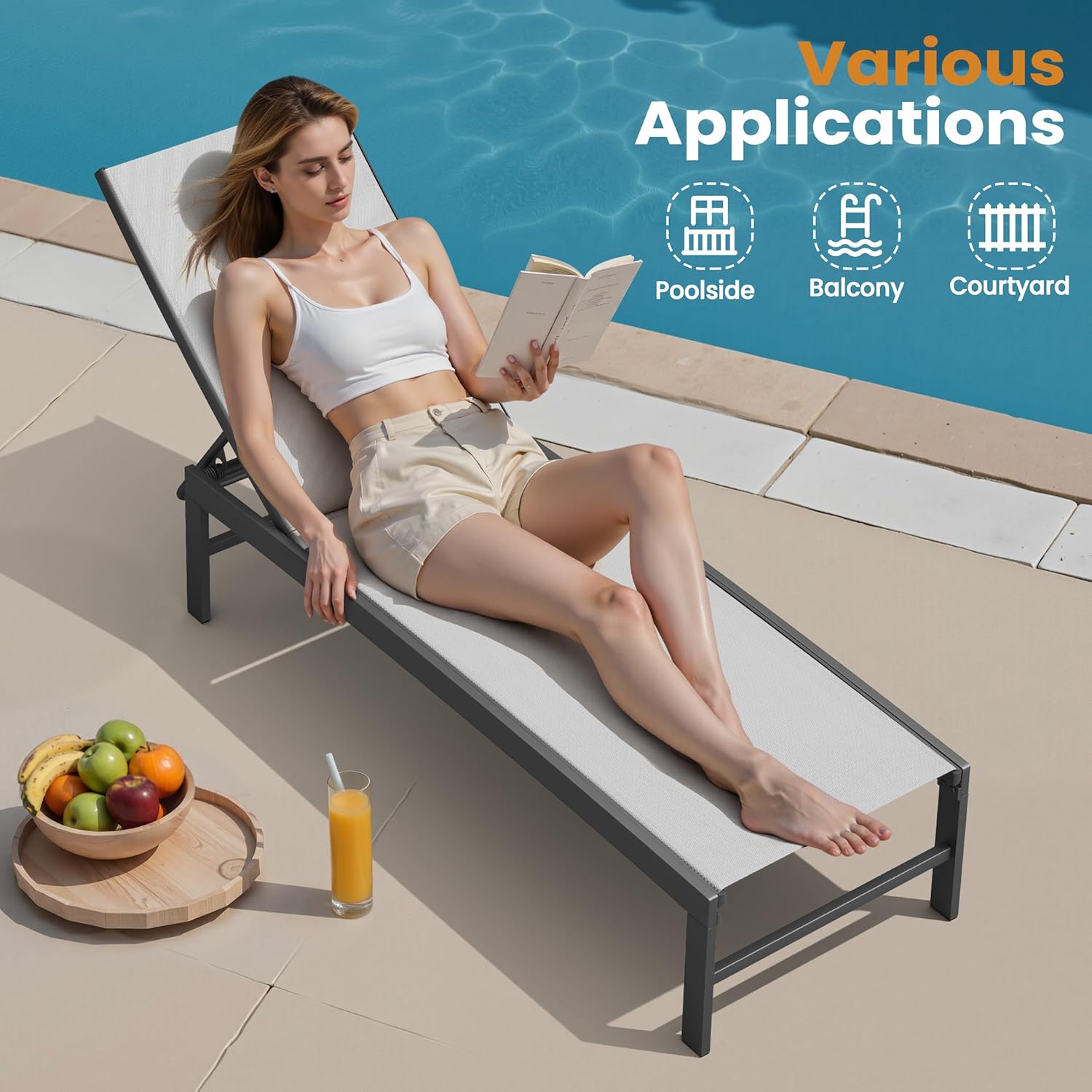 Crestlive Products Outdoor Pool Lounge Chairs Set of 2 with Side Table, Adjustable Five-Position Recliner for Beach, Pool, Sunbathing, Lawn