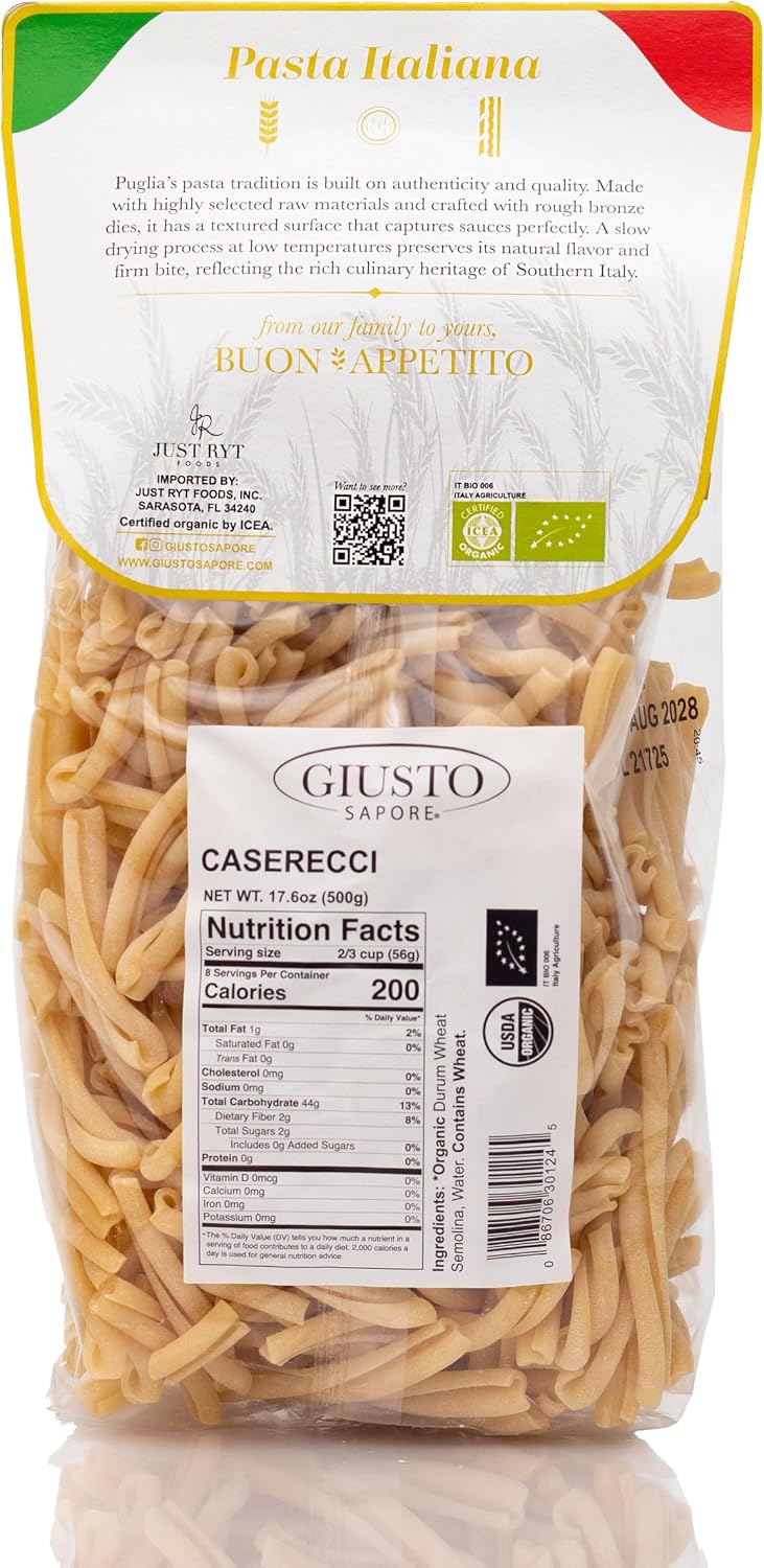 Giusto Sapore Italian Pasta - Caserecce 454g - Premium Organic Bronze Drawn Durum Wheat Semolina Gourmet Pasta Brand - Imported from Italy and Family Owned