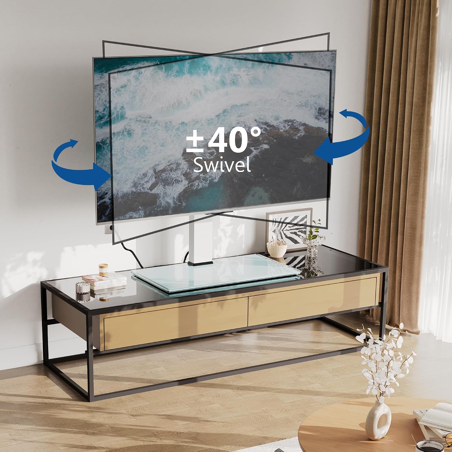 FITUEYES Universal TV Stand with Swivel Mount for 50-85 inch Flat Screens - Height Adjustable Tempered Glass Base Holds up to 143 lbs