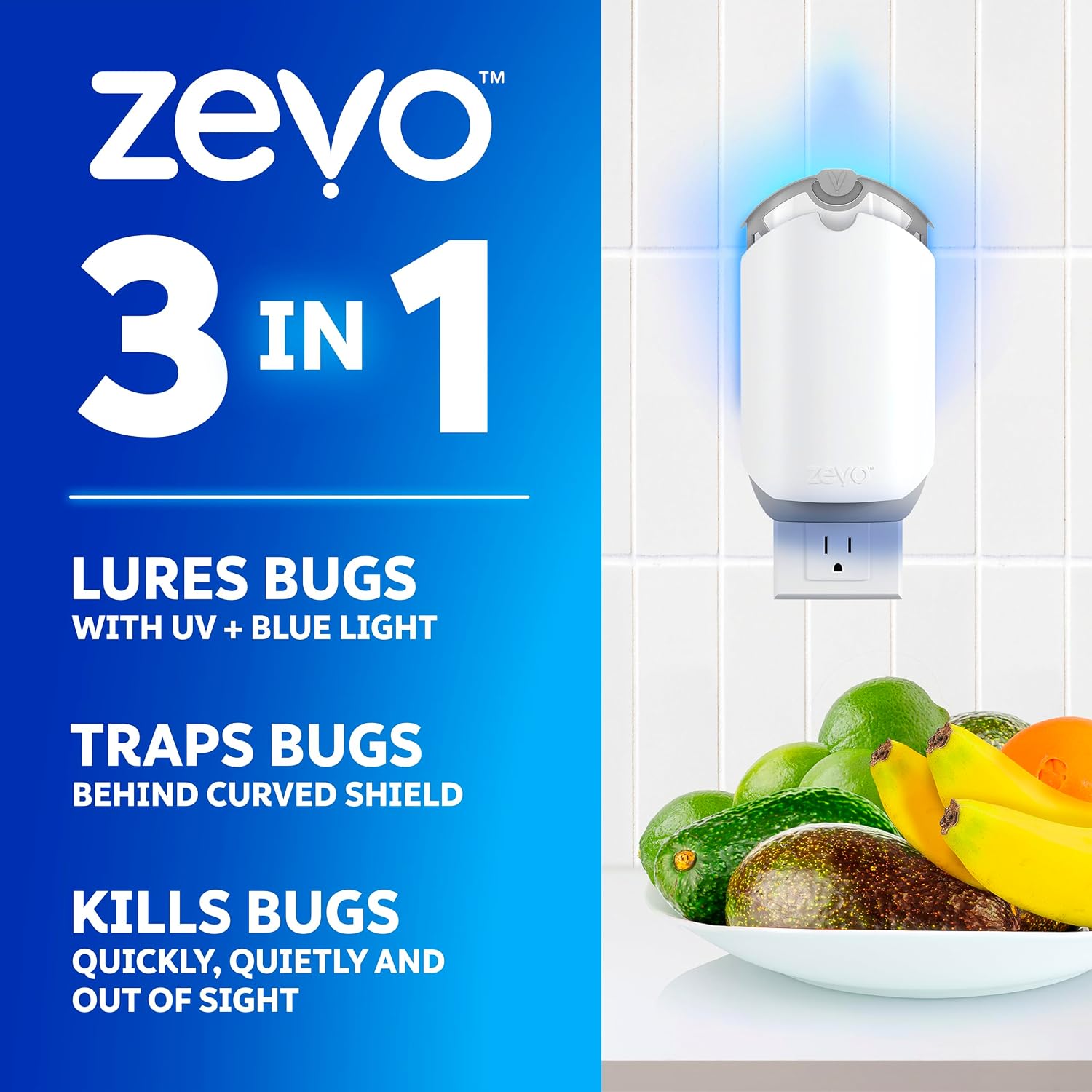 Zevo Flying Insect Trap for Fruit Flies & Gnats, 1 Base & 1 Refills | Fly Trap Catches House Flies, Gnats & Fruit Flies 24/7, Spray-Free, Odor-Free, Blue & UV Light, Safe for Kids & Pets*