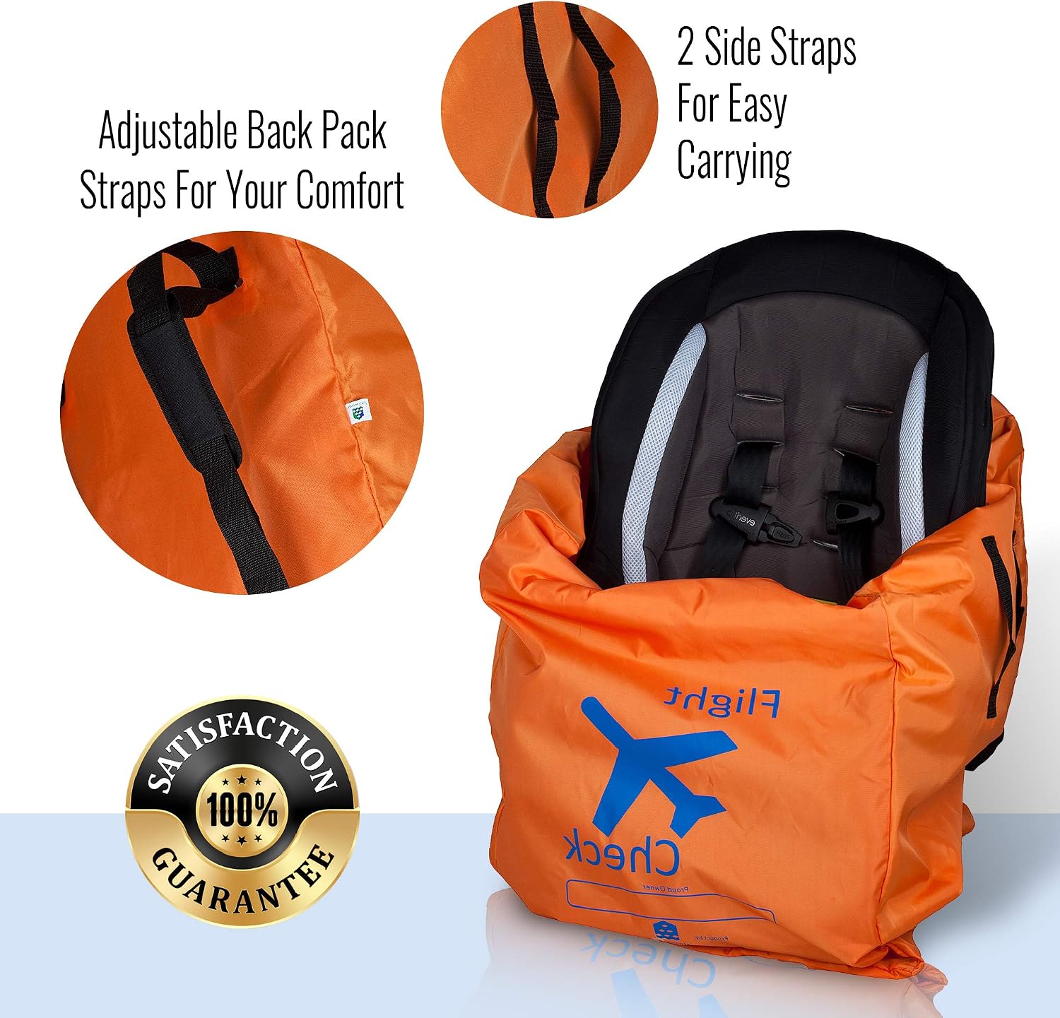 Car Seat Travel Bag and Carrier for Gate Check with Travel Pouch - Bright Orange with Blue Letters for Airport, Airplane Gate Check
