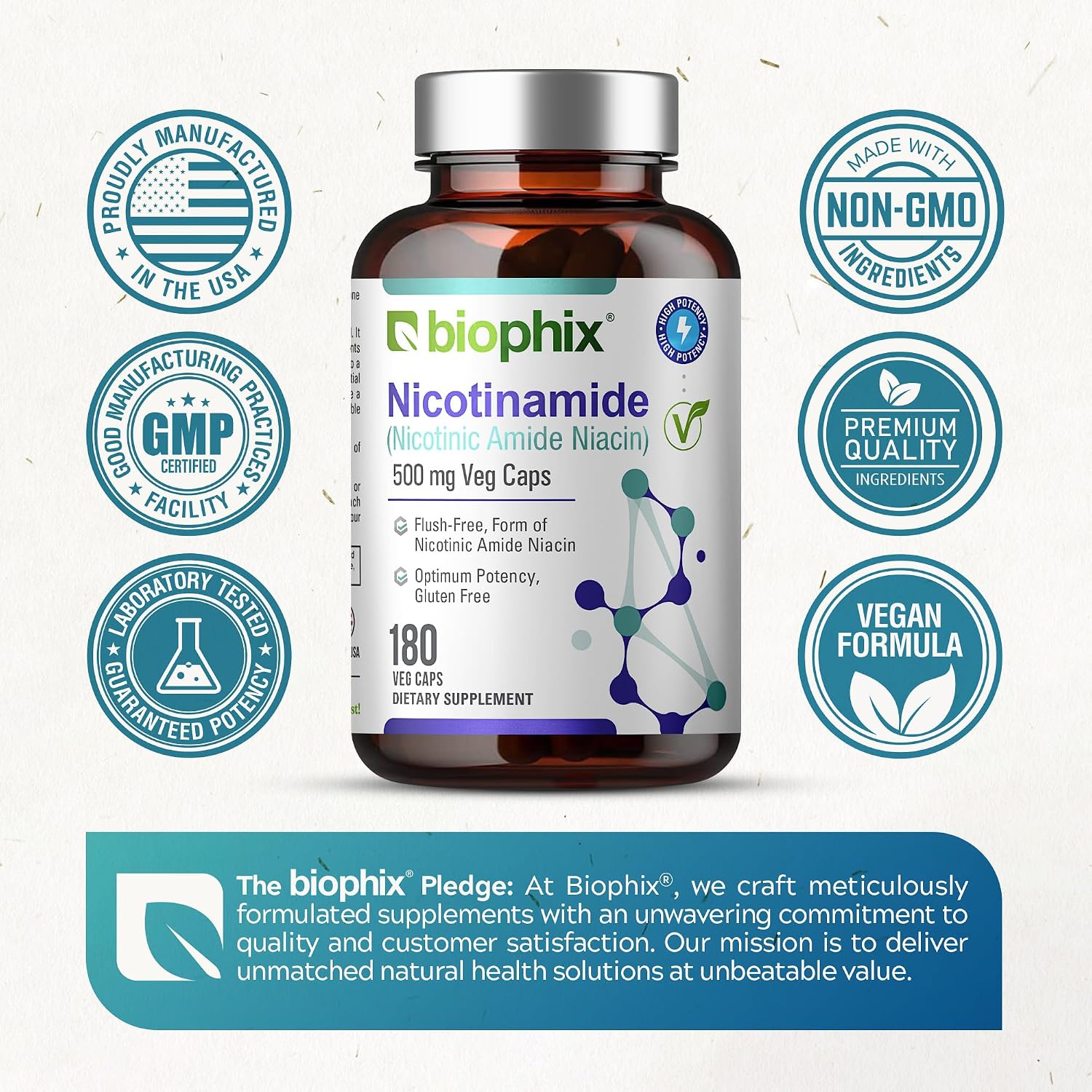 biophix B-3 Nicotinamide 500 mg 180 Vcaps - Nicotinic Amide Niacin Natural Flush-Free Vitamin Formula - Supports Skin Cell Health