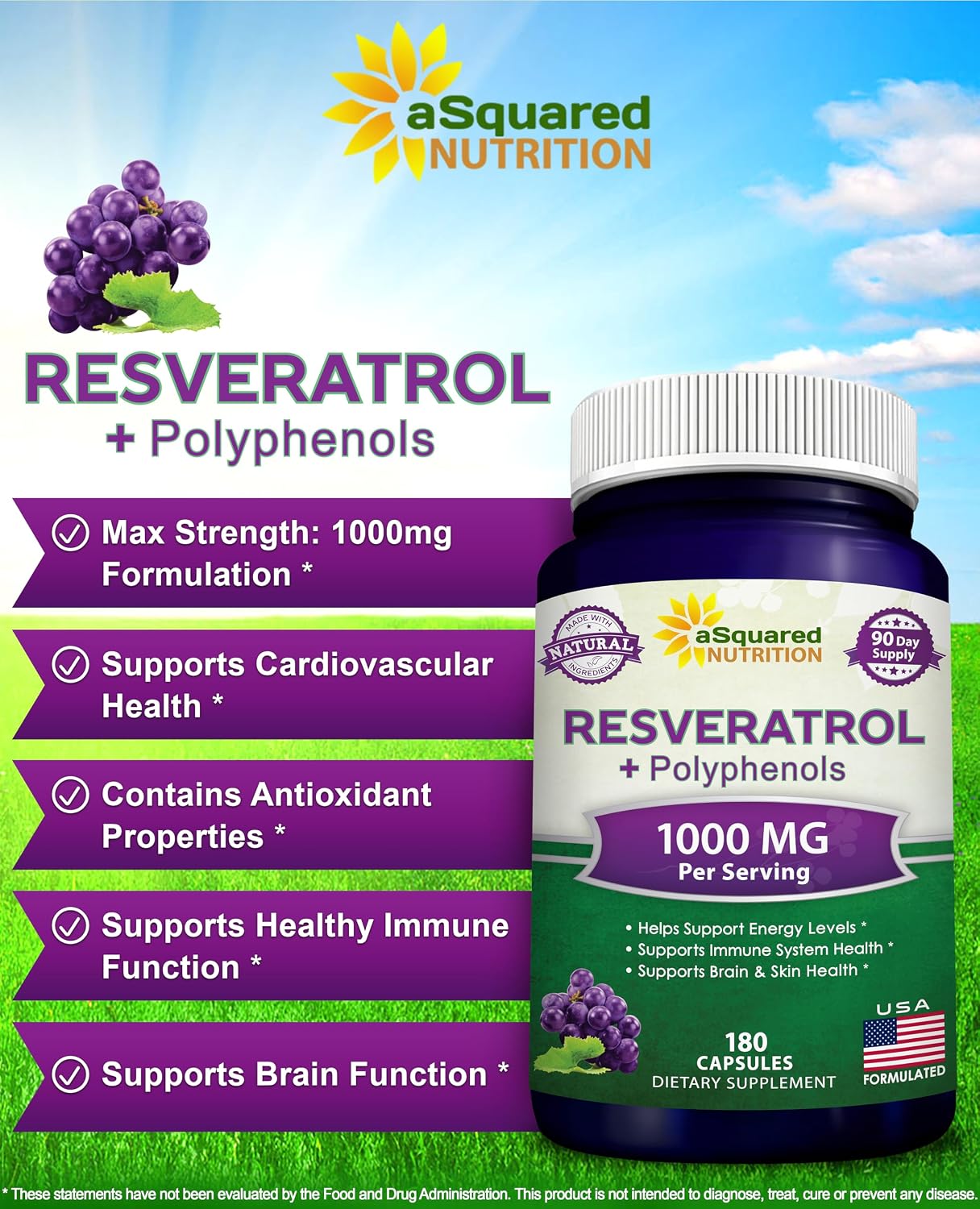 aSquared Nutrition Natural Resveratrol with Red Wine Extract - 180 Capsules - Trans Resveratrol Antioxidant Supplement Pills for Pure Heart Health