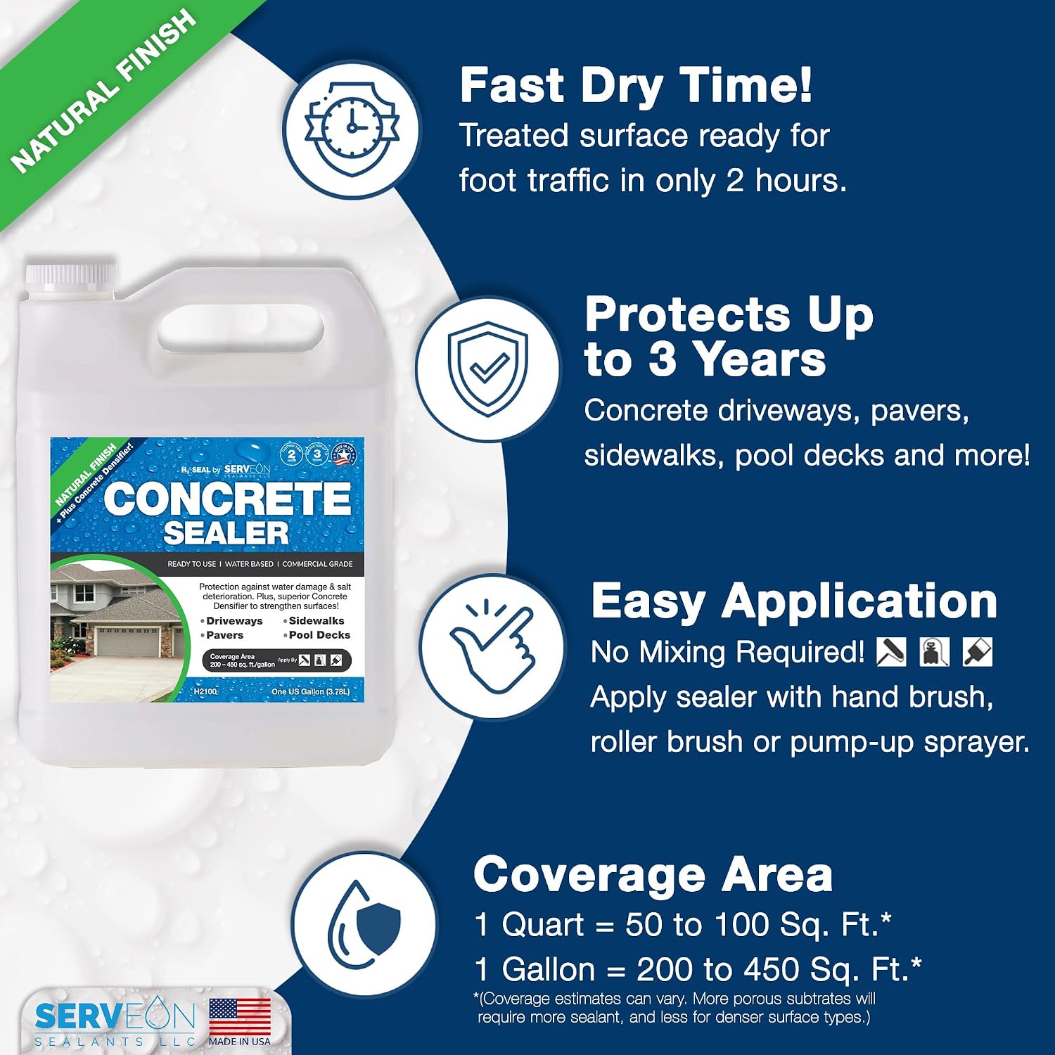 Concrete Driveway Sealer Densifier (Clear Natural Finish) 1 Gal | Serveon Sealants Commercial Grade Outdoor Indoor Waterproof Sealant, Protects Pavers, Sidewalks Pools, Made in USA, H2100