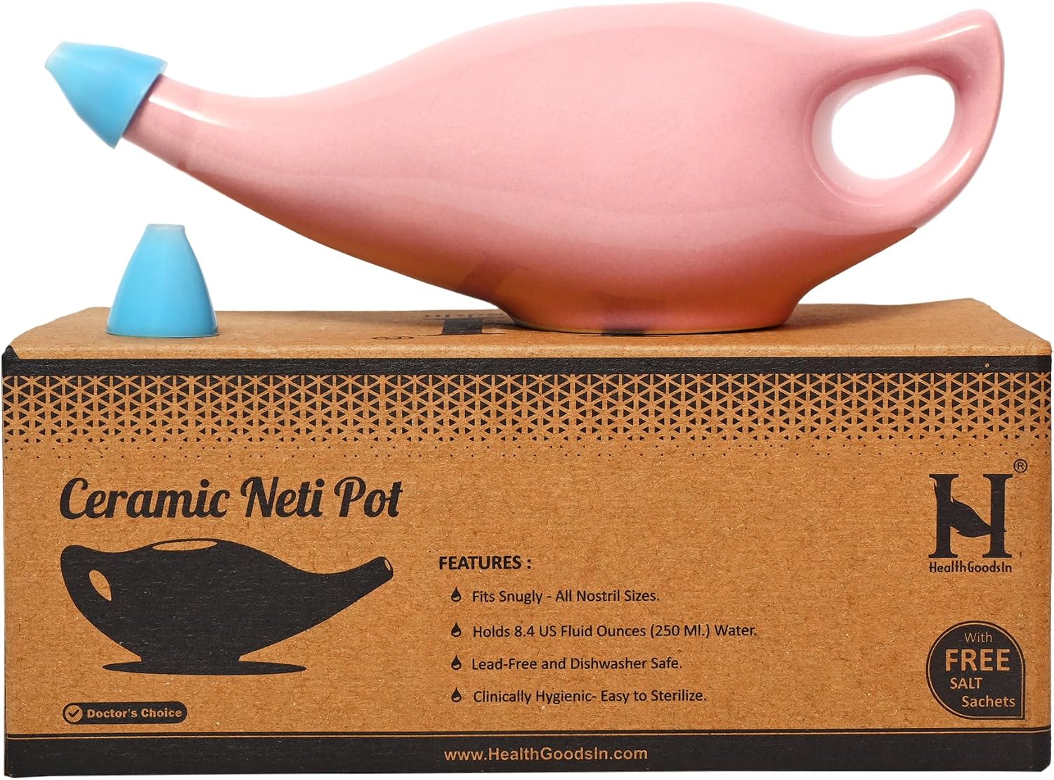 HealthGoodsIn Ceramic Neti Pot, Dishwasher Safe, Premium Handcrafted with 2 Silicone Nozzle and Salt for Sinus - 225 Ml. Capacity (Brown)
