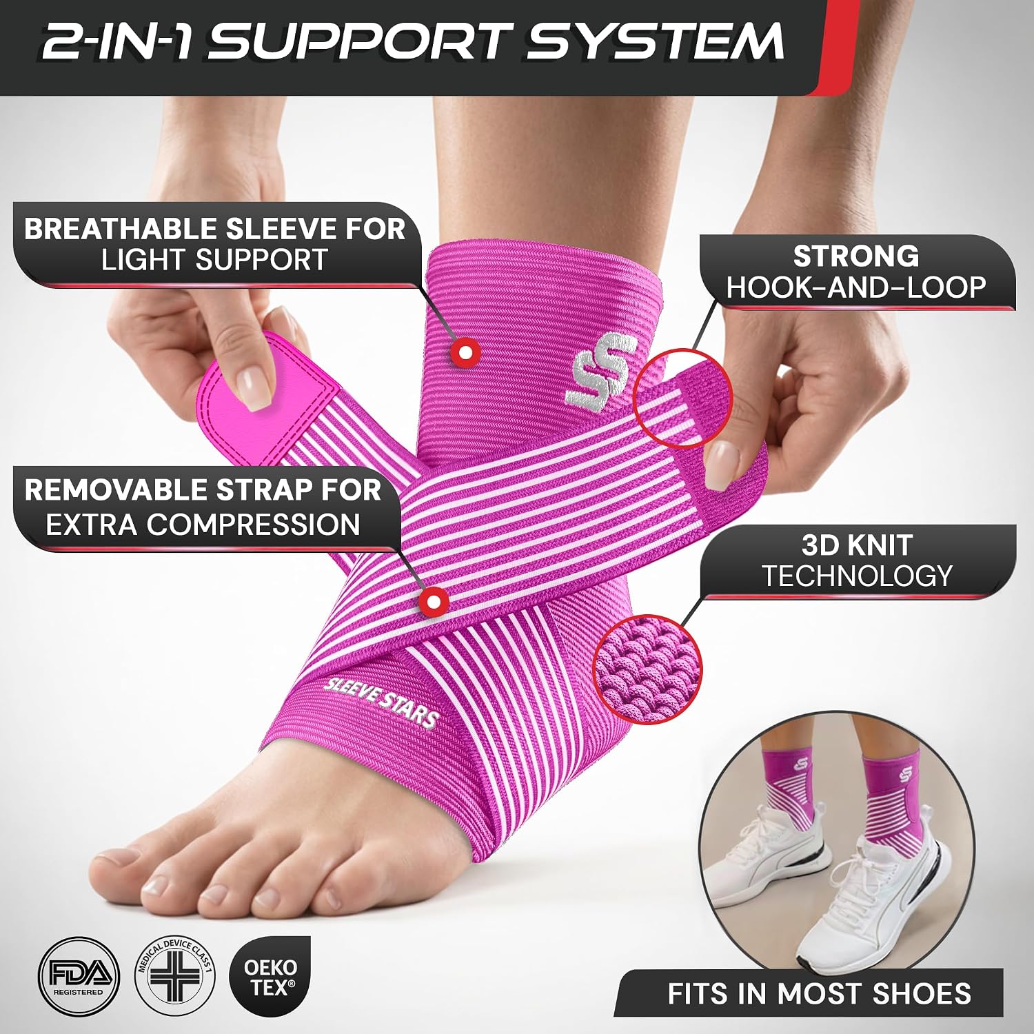 Sleeve Stars Ankle Brace for Women & Men, Ankle Wrap for Sprain, Compression Sleeve for Plantar Fasciitis Relief, Easy Customizable Support: w/ Removable Strap (Single/M:10"-12"/Black)