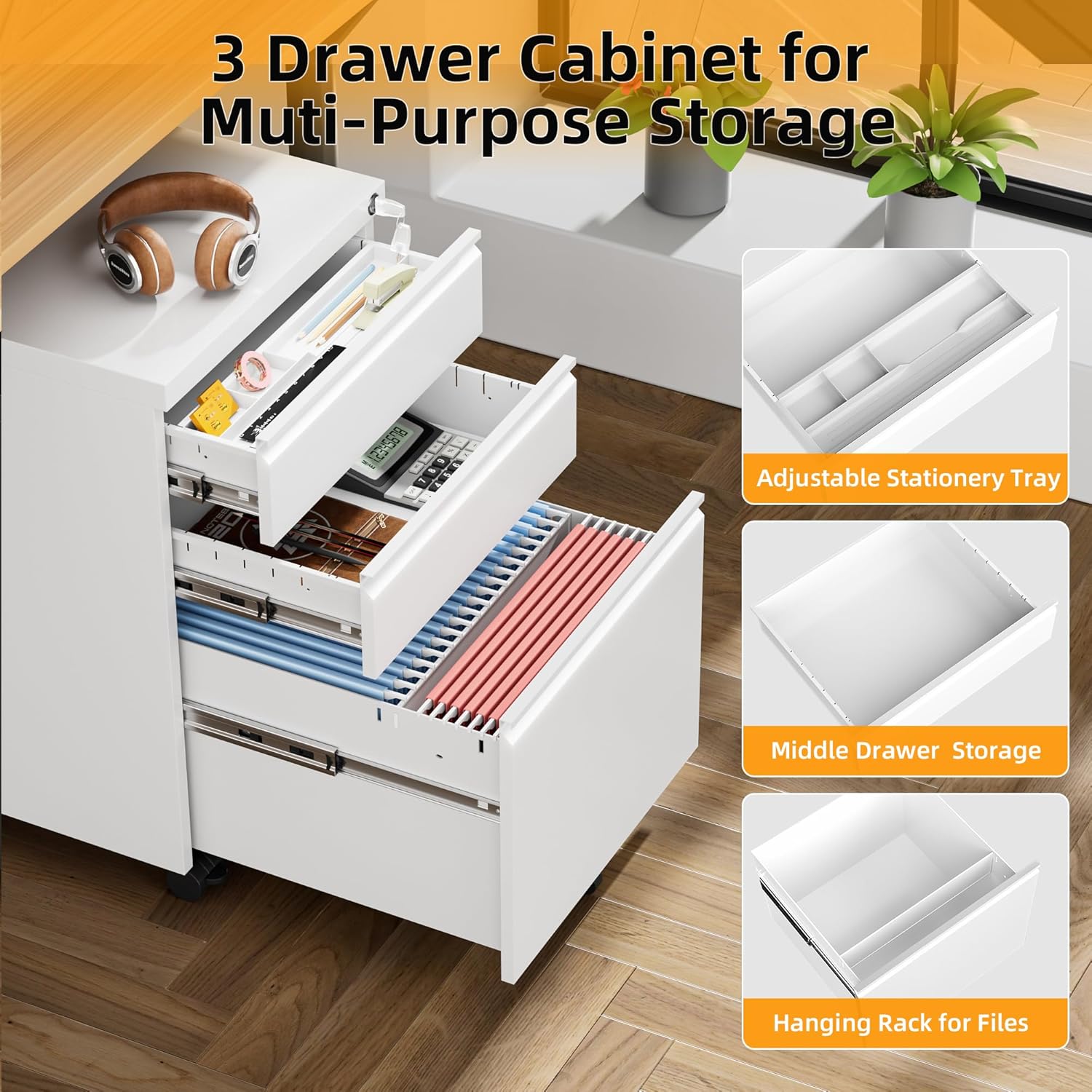 3 Drawer Filing Cabinet with Lock, White Mobile File Cabinet with Wheels, Rolling Small Metal Cabinets Under Desk for Home Office, Assembled
