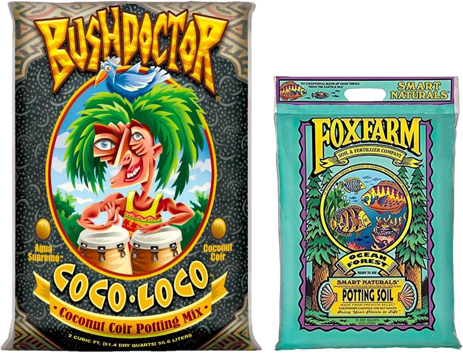 FoxFarm Bush Doctor Coco Loco 2cu ft Potting Mix + Ocean Forest 12qt Potting Soil Bundle - for Gardens, Plants and Flowers