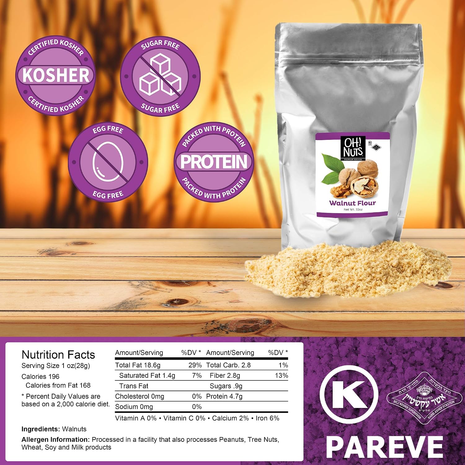 Oh! Nuts Flour | Fresh Flour in Resealable Bulk Bag | Healthy Flour for Baking, Cooking & Eating Recipes | Certified Kosher, Dairy & Egg Free