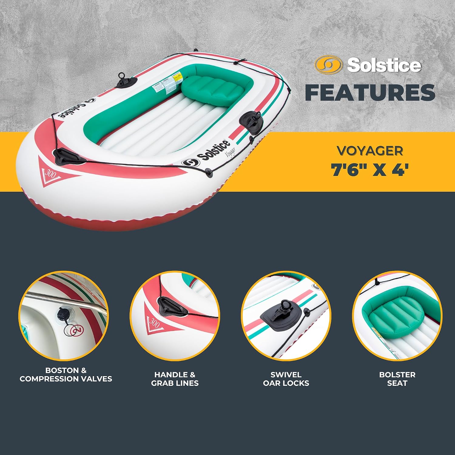 Solstice Voyager 4-Person Inflatable Fishing Boat with Dual Swivel Oar Locks and Rod -Holder, Motor Compatible 9' x 5'