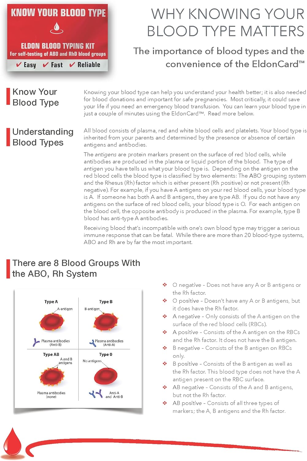 Eldoncard INC Blood Type Test, 1 Pack | Complete Kit, A, B, O, AB & RH Results, Results in Minutes, Includes Safety Lancet, Micropipette