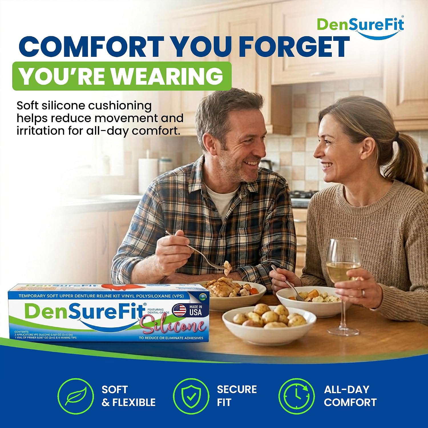 DenSureFit Upper Denture Reline Kit, Soft Silicone Liner