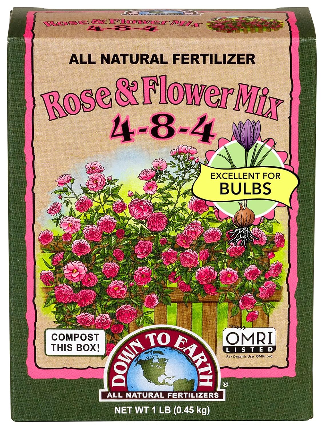 Down To Earth All Natural Fertilizers Organic Rose & Flower Mix - 1 lb | Plant Food for Roses, Bulbs, Flowers, Ornamentals, Perennials, 4-8-4 Formula for Flower Beds, Container Gardens