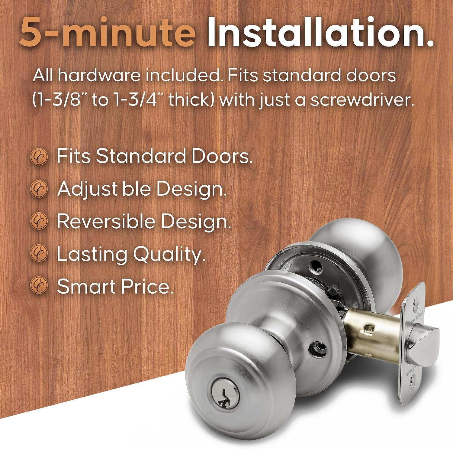 Copper Creek Colonial Privacy Interior Door Knob – ANSI Grade-3 Certified, Modern Heavy Duty Handle, Easy Install and Reversible for Bedroom, Bathroom and Closets – Satin Stainless (1 Pack)