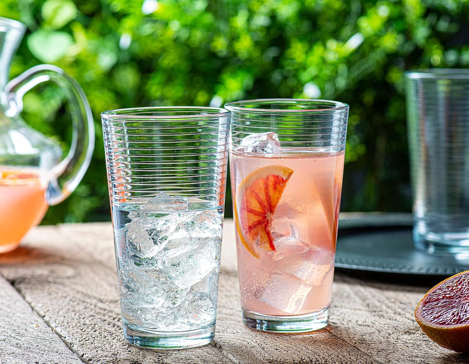 Le'raze Set of 16 Heavy Base Ribbed Durable Drinking Glasses Includes 8 Cooler Glasses (17oz) and 8 Rocks Glasses (13oz)