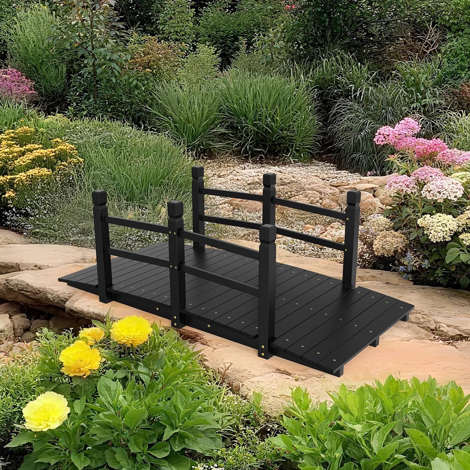 VINGLI 5 ft Garden Bridge, Classic Wooden Arch with Safety Rails Stained Finished Footbridge, Decorative Pond Landscaping, Backyard, Creek or Farm