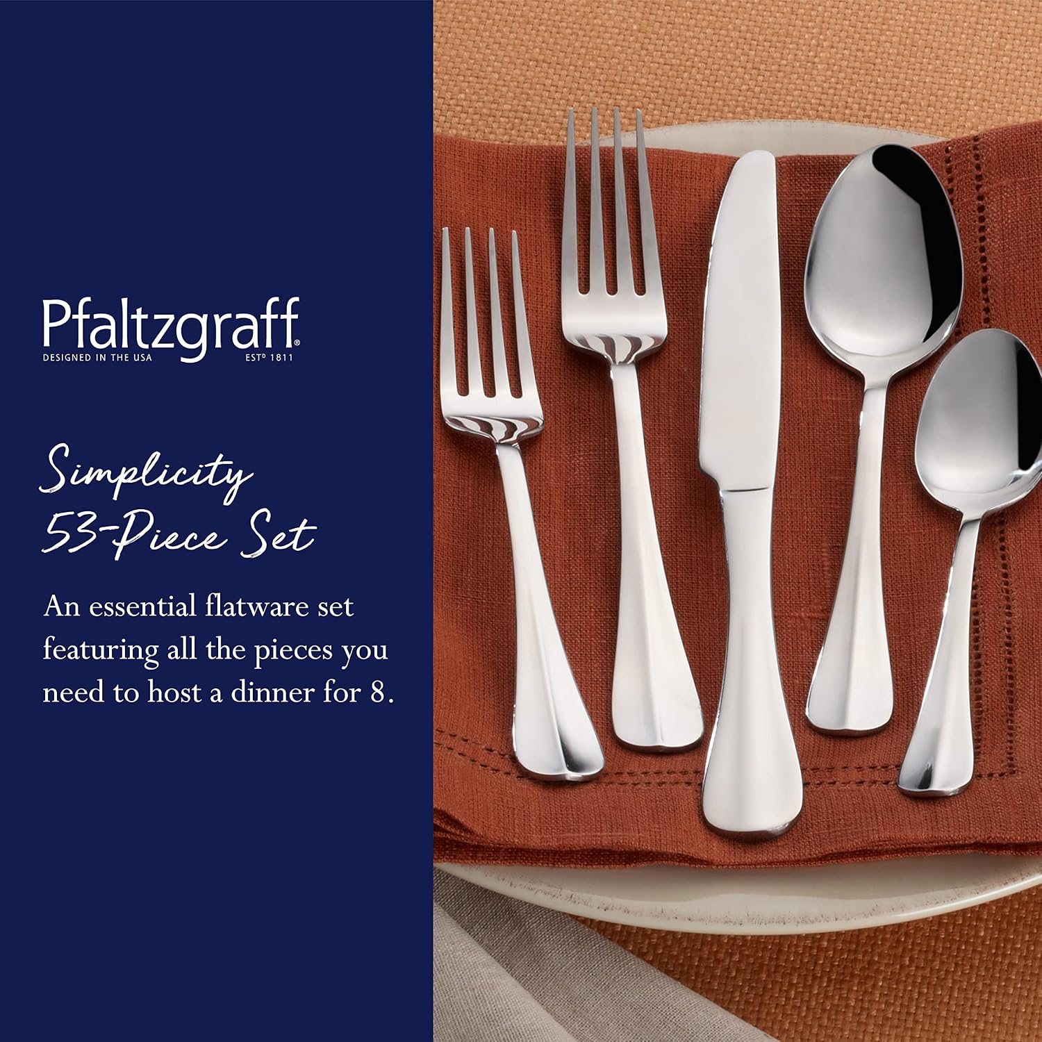 Pfaltzgraff Frost 53-Piece Flatware Set, 18/0 Stainless Steel Silverware Set for 8 with Steak Knives, Serving Pieces, Dishwasher Safe