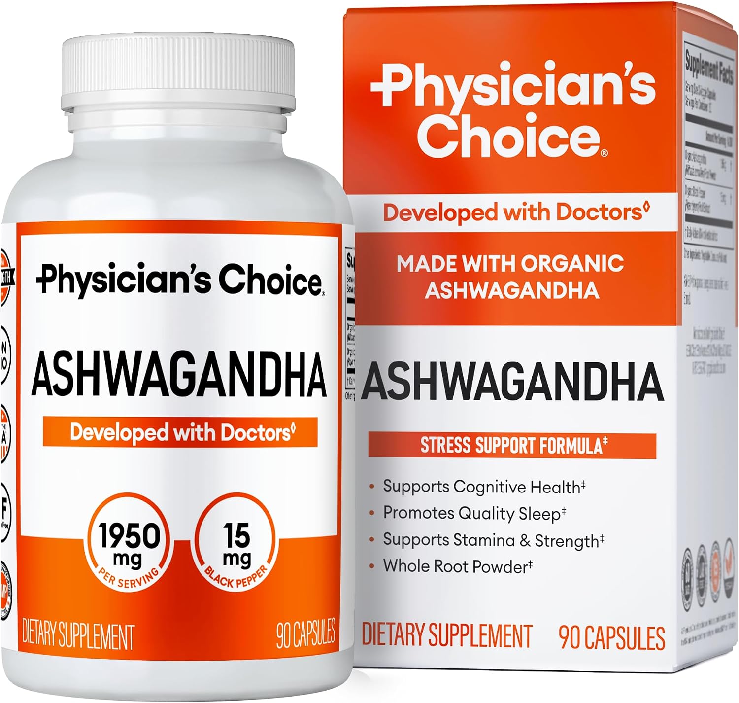 Physician's CHOICE Ashwagandha Supplement - 1950mg of Bioavailable Organic Ashwagandha Root Powder - Black Pepper Extract, Stress Support