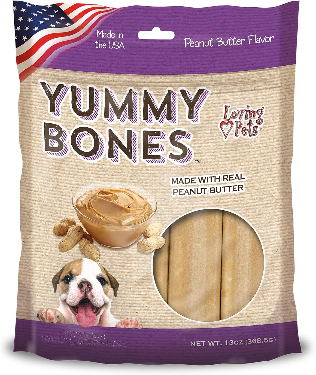Loving Pets Yummy Bones - Peanut Butter Flavor Filled Bones for Dogs (for Medium/Large Dogs 20-100+ lbs)