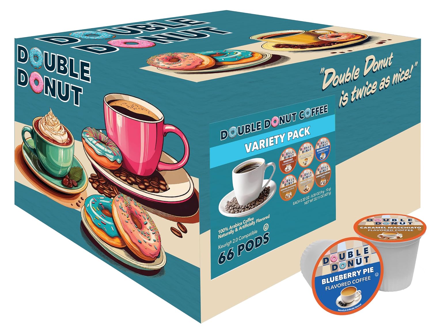 Double Donut Coffee Double Donut Medium Roast Decaf Coffee Pods, Classic, for Keurig K-Cup Machines, 24 Single-Serve Capsules per Box