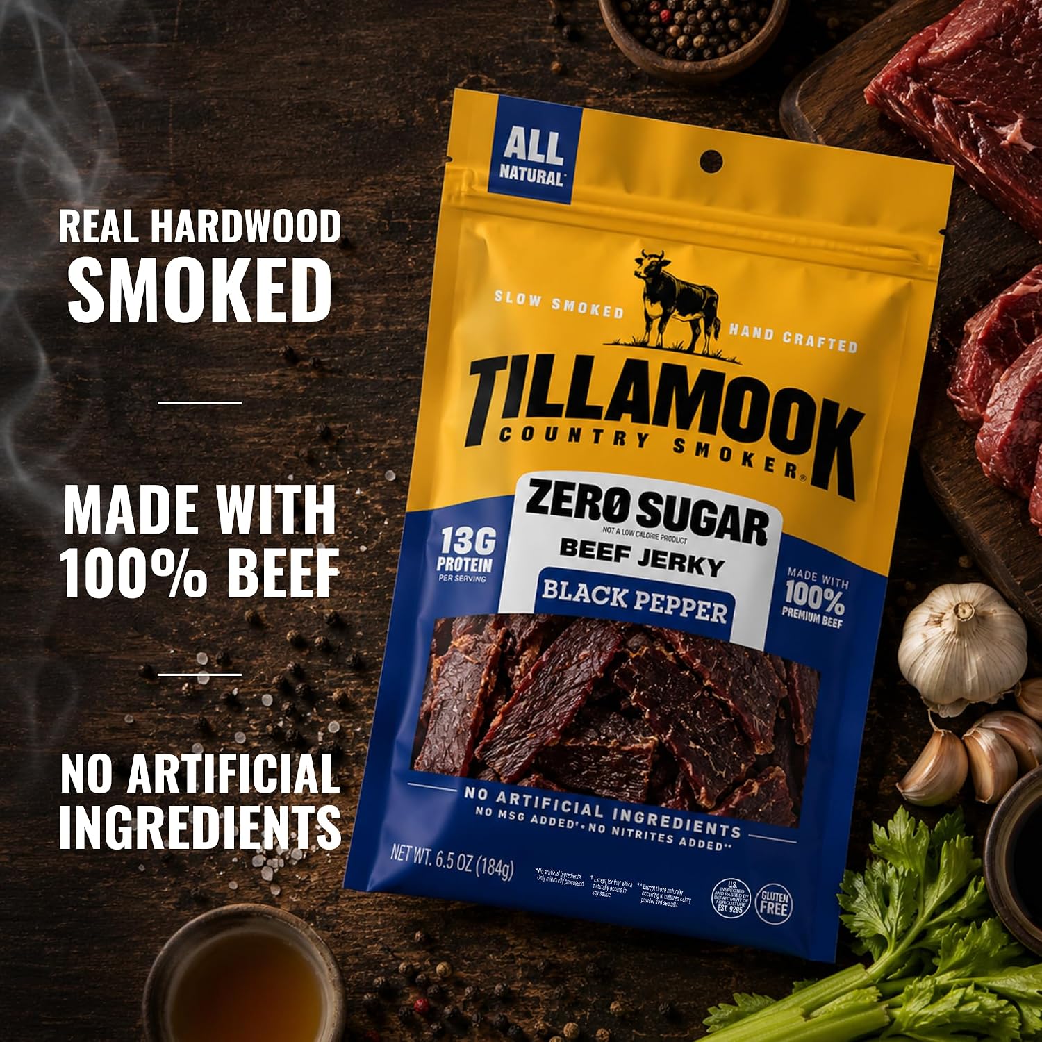 Tillamook Country Smoker Zero Sugar Original Beef Jerky Sticks, 6.5 Oz, 14g Protein, Real Hardwood Slow-Smoked, High Protein, Low Carb Meat Snacks, Keto-Friendly, 0g Sugar & Total Carbs