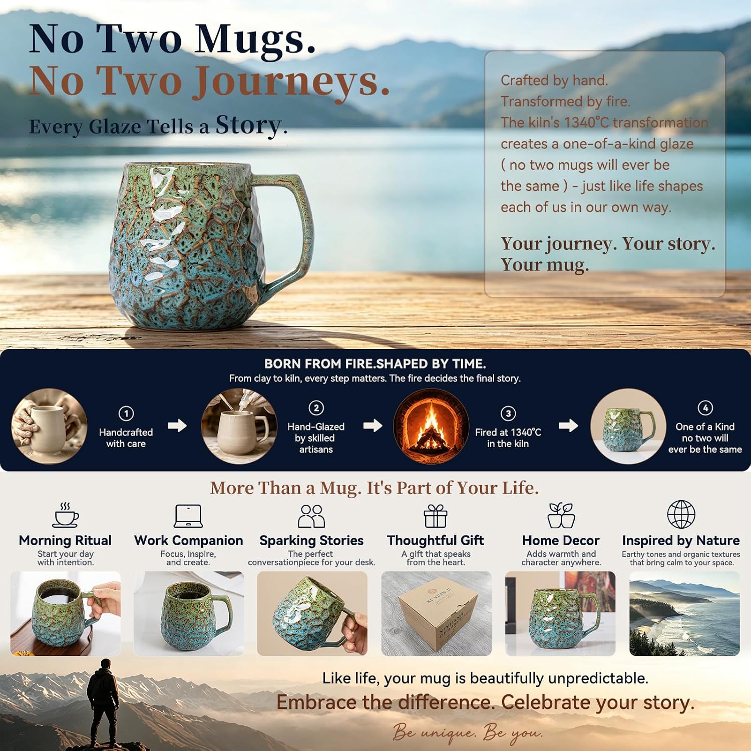 18oz Unique Kiln-Change Ceramic Coffee Mug, Handcrafted Hammered Texture Ceramic Mug with Ergonomic Handle, Microwave & Dishwasher Safe