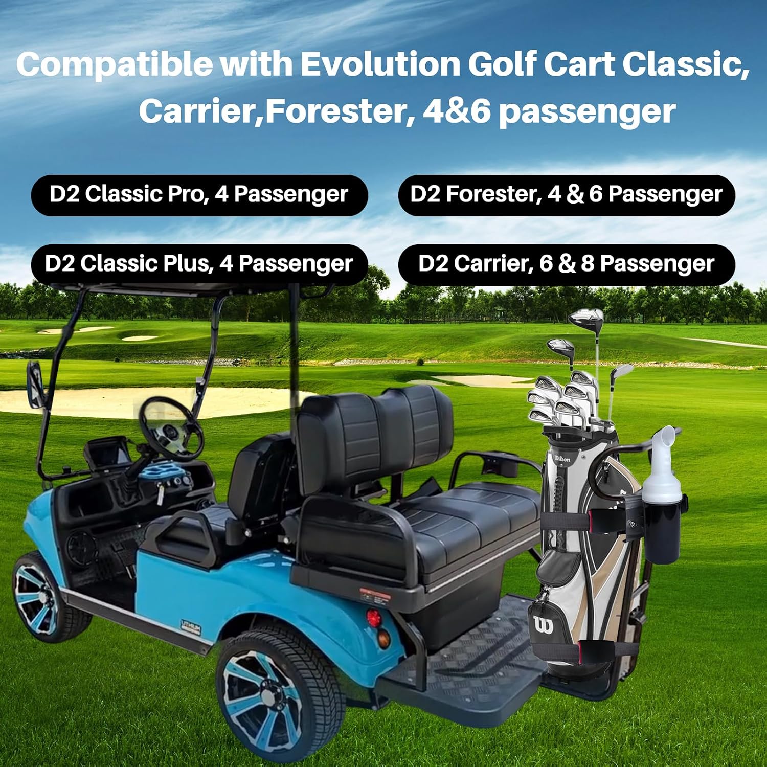 No Drilling Golf Cart Bag Holder Bracket/for 2+2 Rear Seat with Sand Bottle | Adjustable Golf Cart Bag Attachment Compatible with Evolution Golf