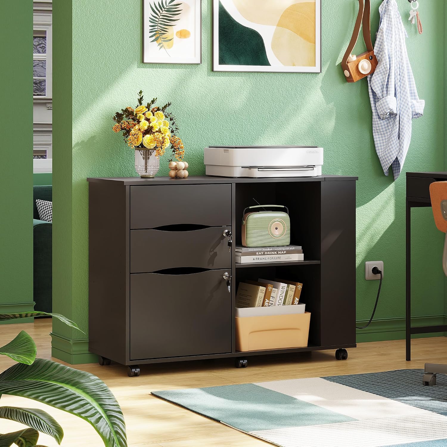 DEVAISE File Cabinet with Lock, Printer Stand with Charging Station Black | Lateral Mobile Filing Cabinets, Lock & Open Storage Shelves