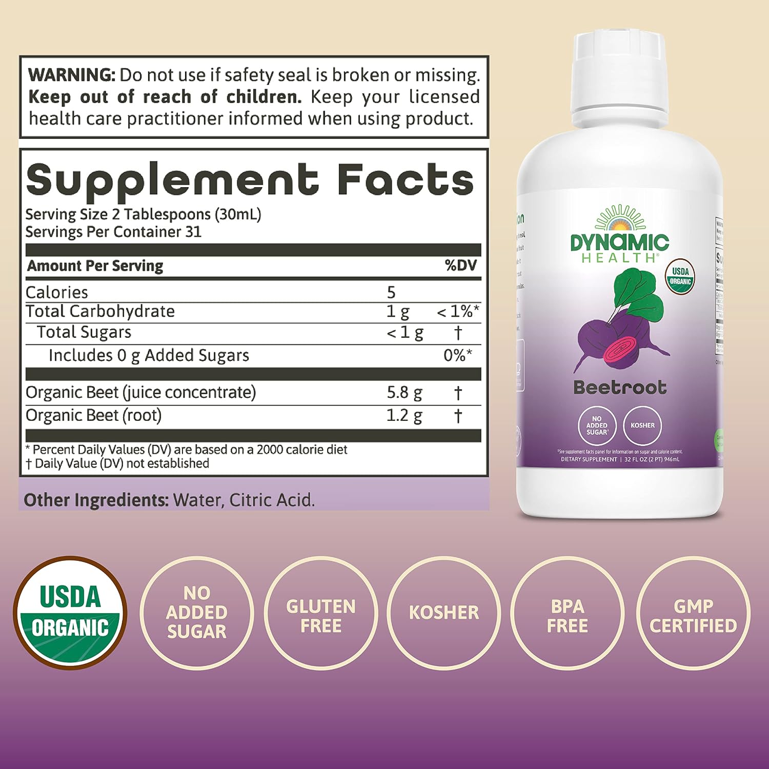 DYNAMIC HEALTH Organic Beetroot Juice Concentrate, 32 fl oz | Circulation, Energy & Endurance Support - No Added Sugar - 31 Servings - Gluten Free, BPA Free