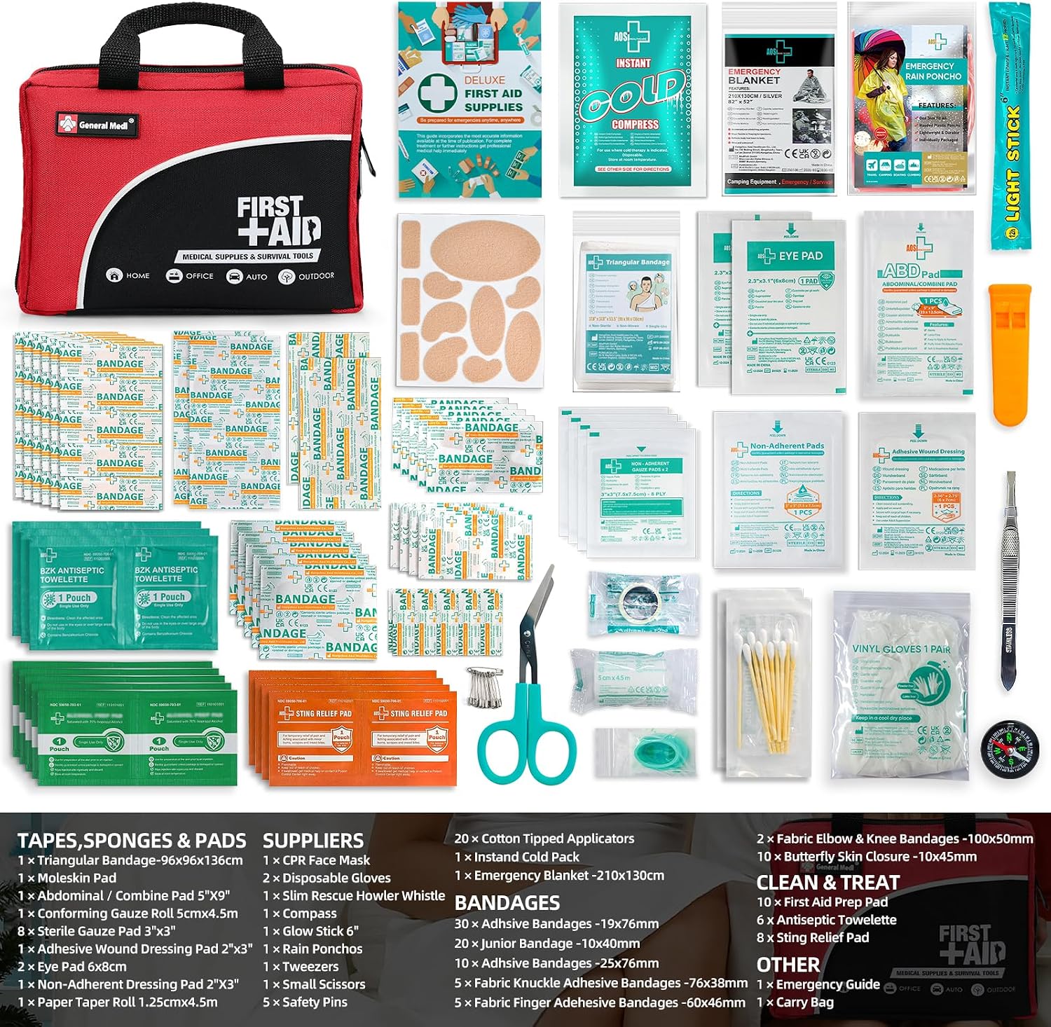 First Aid Kit -160 Pieces Compact and Lightweight - Including Cold (Ice) Pack, Emergency Blanket, Moleskin Pad, Perfect for Travel, Home, Office, Car