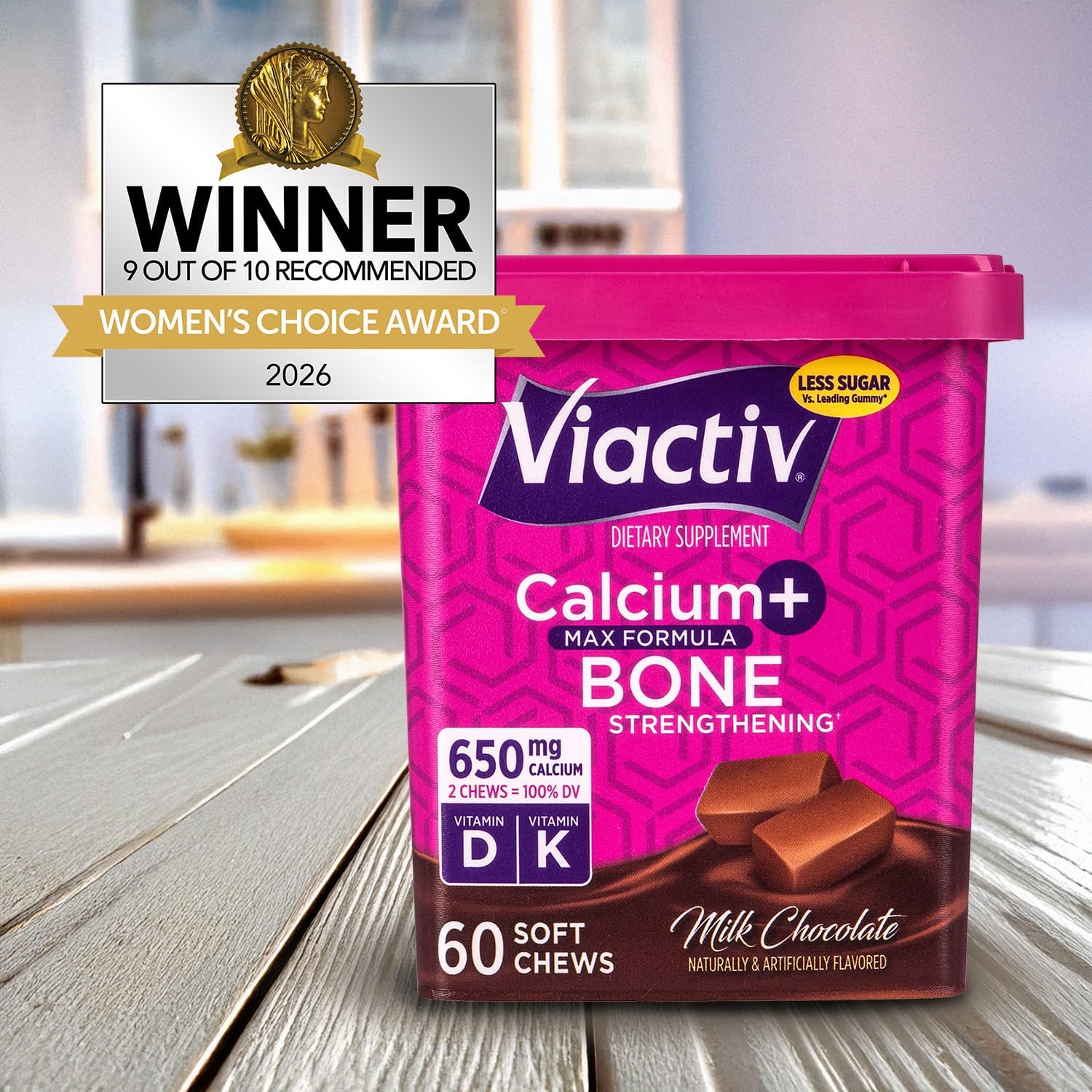 Viactiv Calcium + Vitamin D Supplement Soft Chews for Women & Men - Chewable Calcium for Bone Health Support, 650 mg per Serving, Vitamin D & K for High Absorption - 60 Count, Caramel