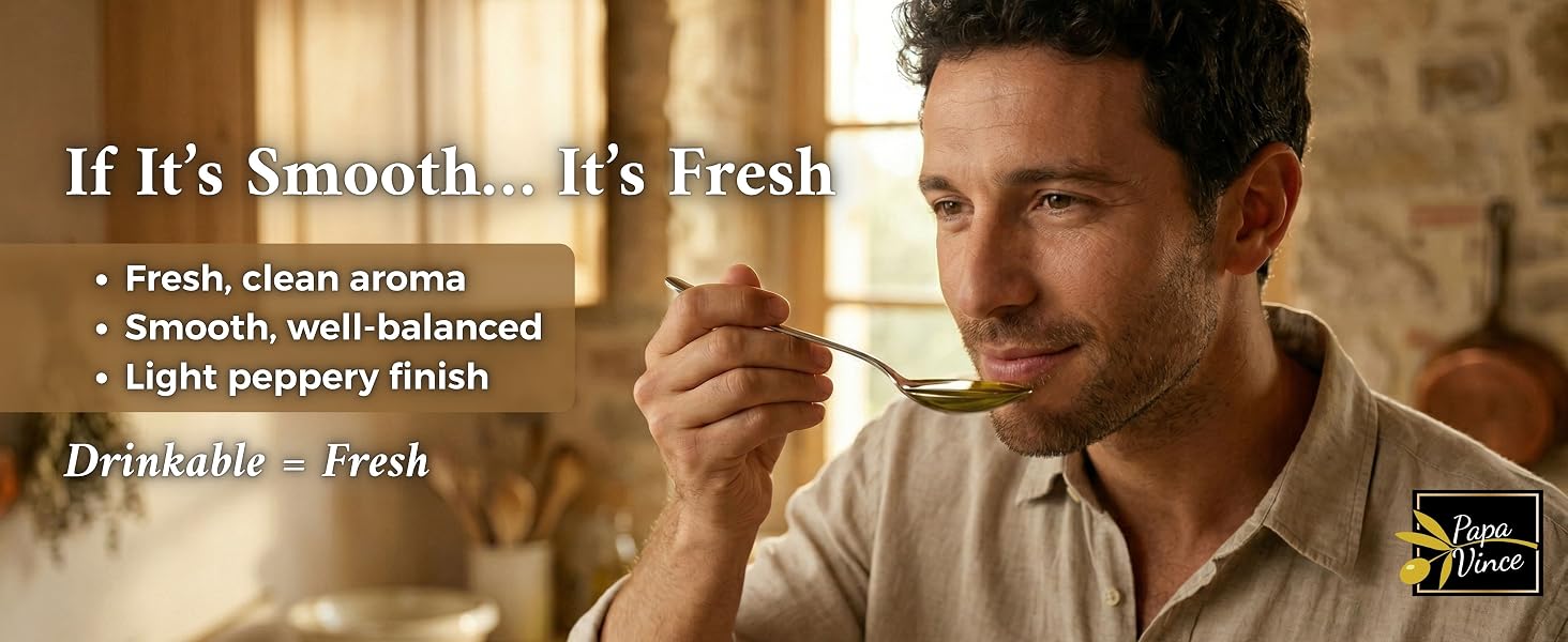 Man tasting smooth extra virgin olive oil with fresh, fruity aroma and light peppery finish