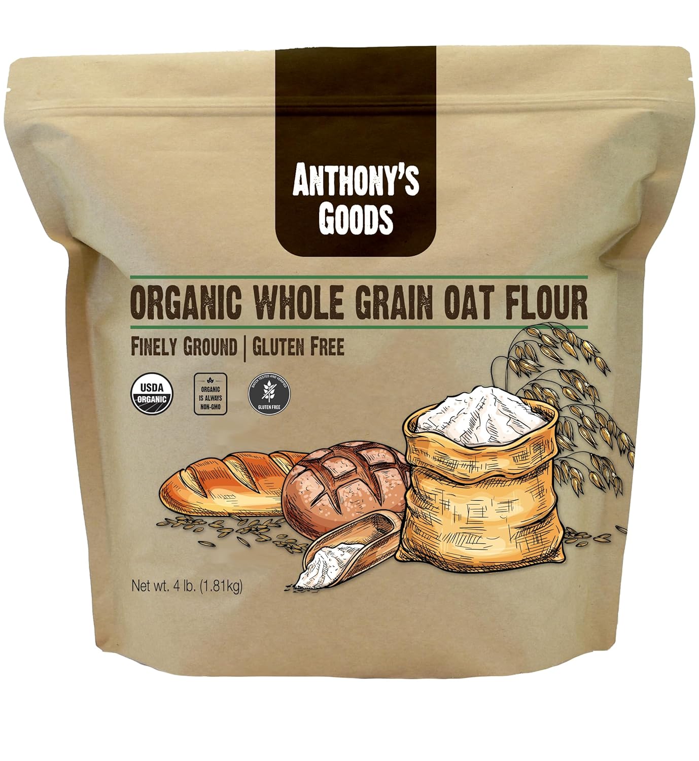 Anthony's Organic Whole Grain Oat Flour, 4 lb, Gluten Free, Non GMO, Non Irradiated, Finely Ground, Vegan