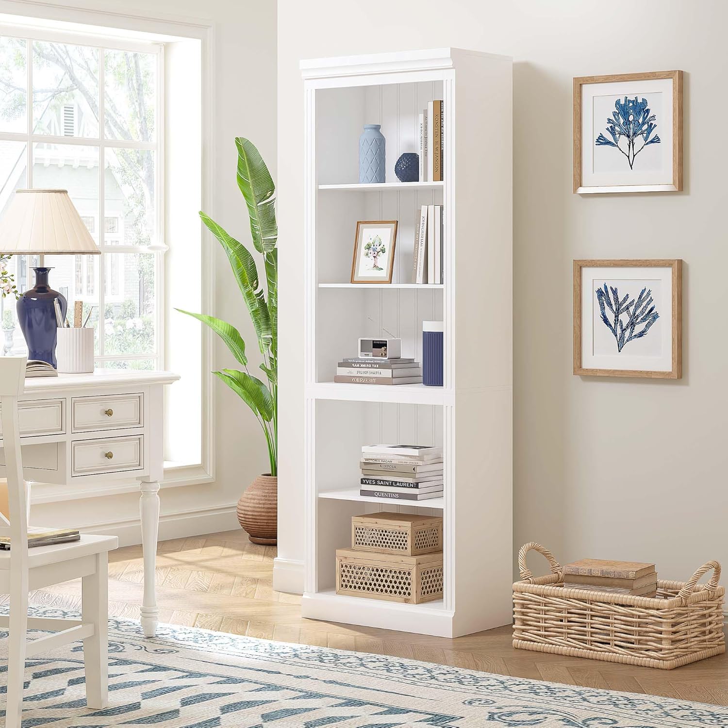 Spirich White Bookshelf, 5-Tier Tall Bookcase with Adjustable Shelves | 13.4-Inch Depth, Anti-Tip Device, Water-Based Finish, FSC-Certified Wood