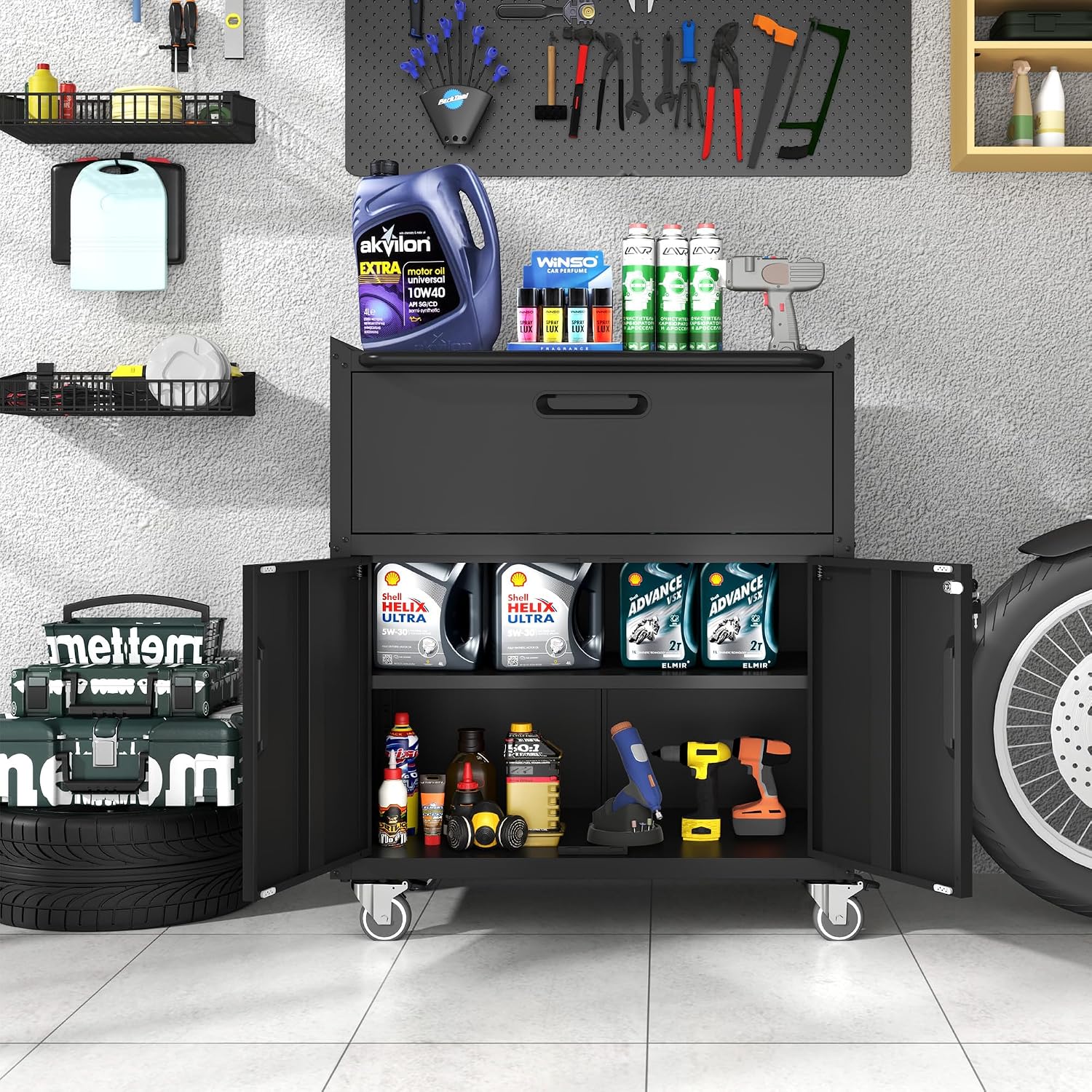 Metal Storage Cabinet for Garage, Tool Cabinet, Utility Cabinet | Wheeled, Rolling Tool Cabinet, 6 Drawers, Top Countertop, Pegboard, Assembly Required, Black