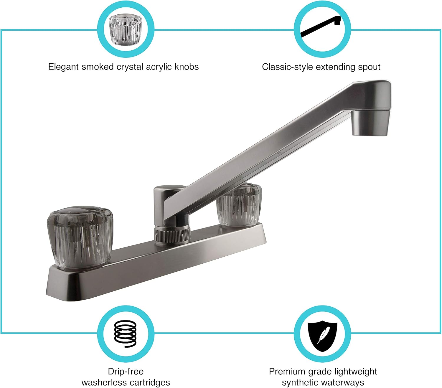 Dura Faucet DF-PK600S-BQ RV Two Handle Kitchen Sink Faucet (Bisque) | Smoked acrylic knobs give smooth, precise control of flow. Bisque Parchment. Plated ABS plastic (not metal).