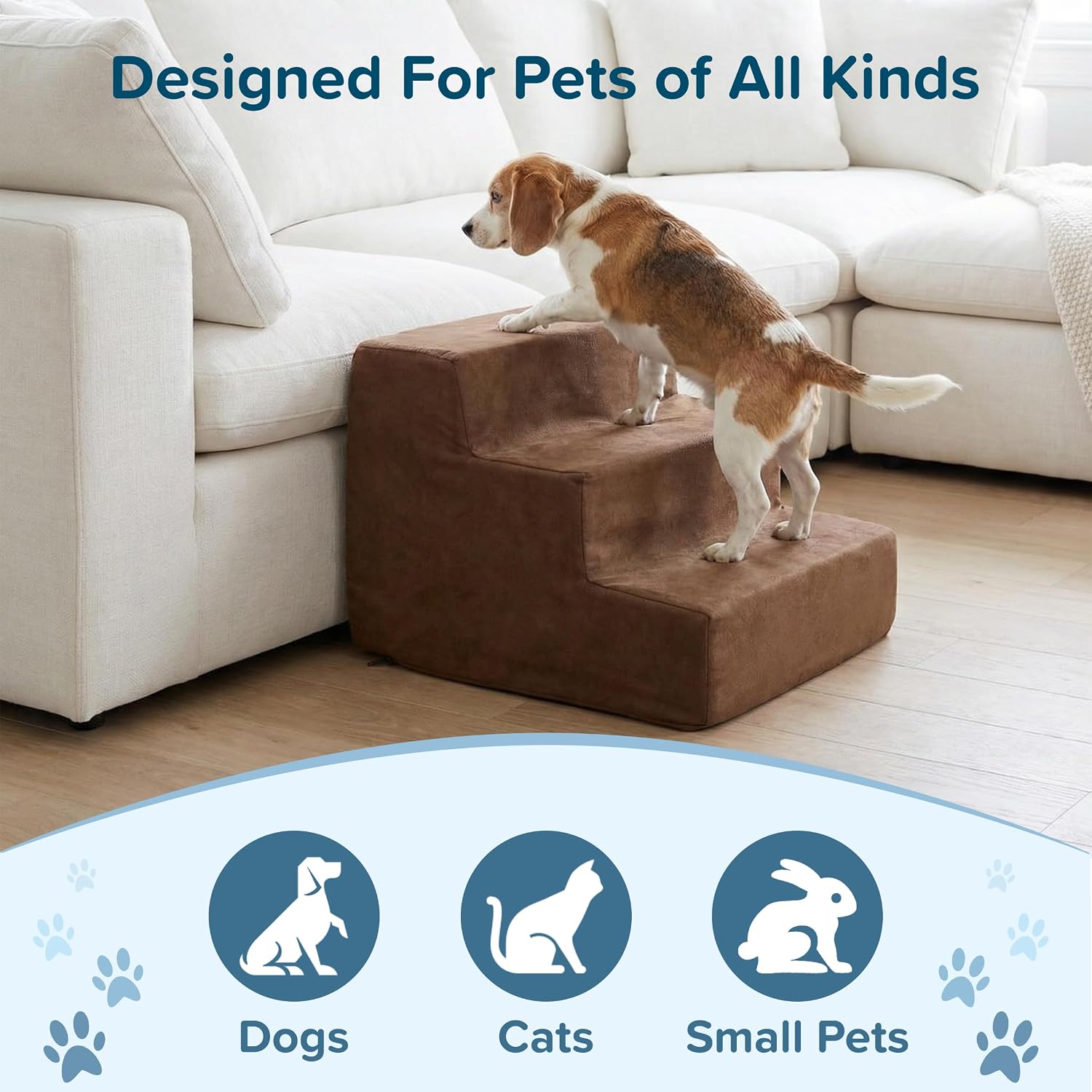 3-Step Pet Stairs - Nonslip Foam Dog and Cat Steps with Removable Zippered Microfiber Cover - 2-Tone Design for Home or Vehicle Use by PETMAKER (Tan) | 3-Step Pet Steps for High Bed and Couch - Pet Stairs with Nonslip Bottom, High-Density Foam, and Remov…